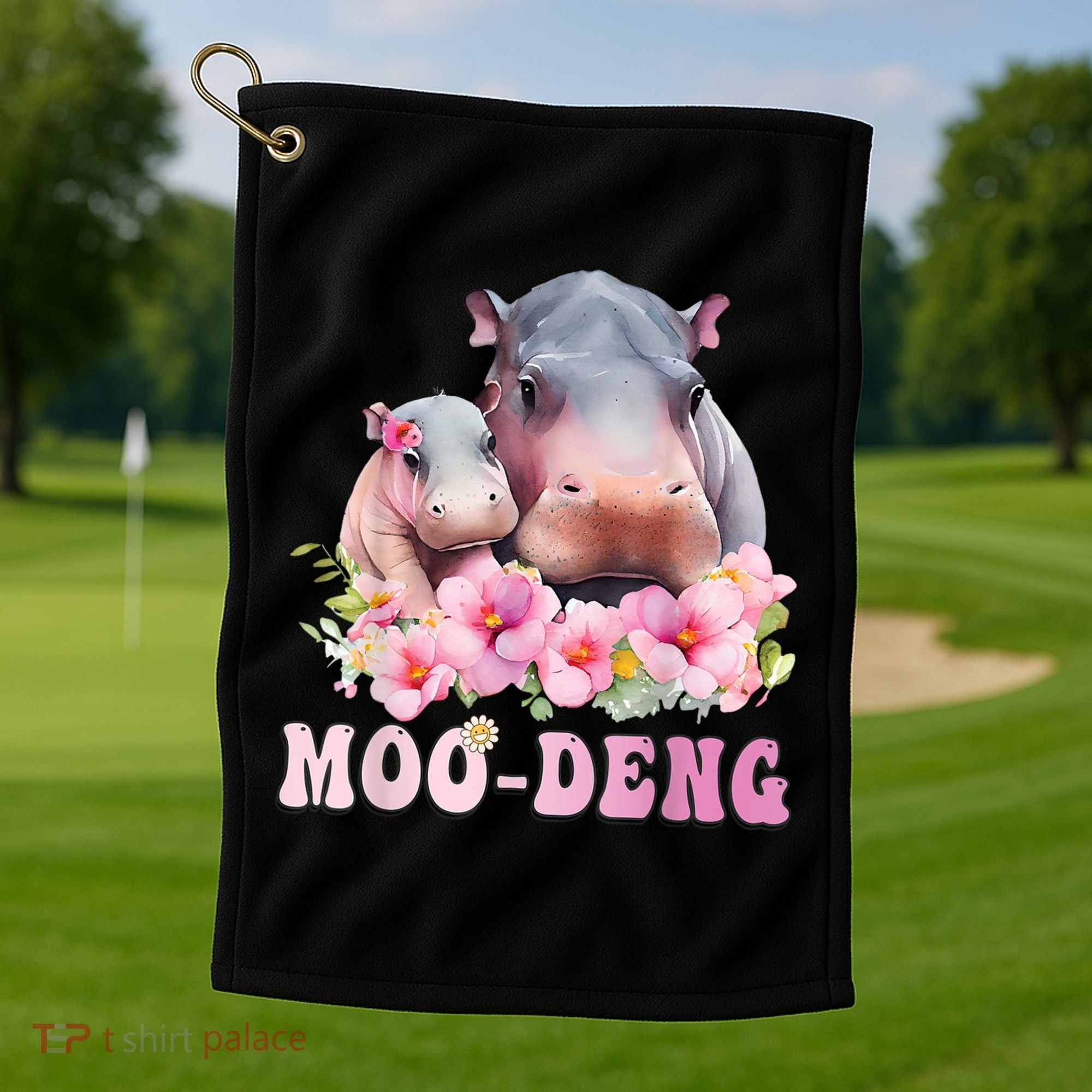Moo Deng Floral Flower Pygmy Hippopotamus Golf Towel