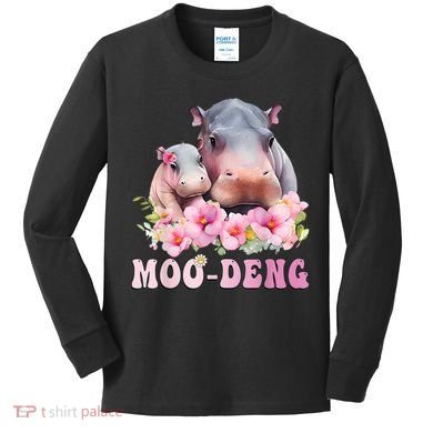 Moo Deng Floral Flower Pygmy Hippopotamus Kids Long Sleeve Shirt
