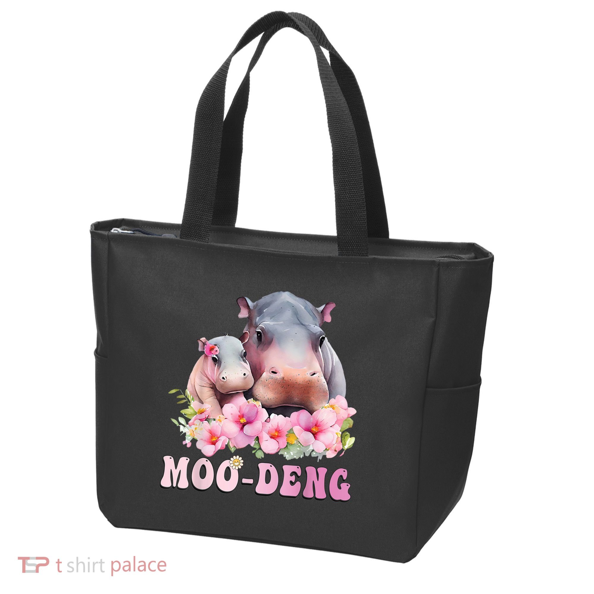Moo Deng Floral Flower Pygmy Hippopotamus Tote Bag
