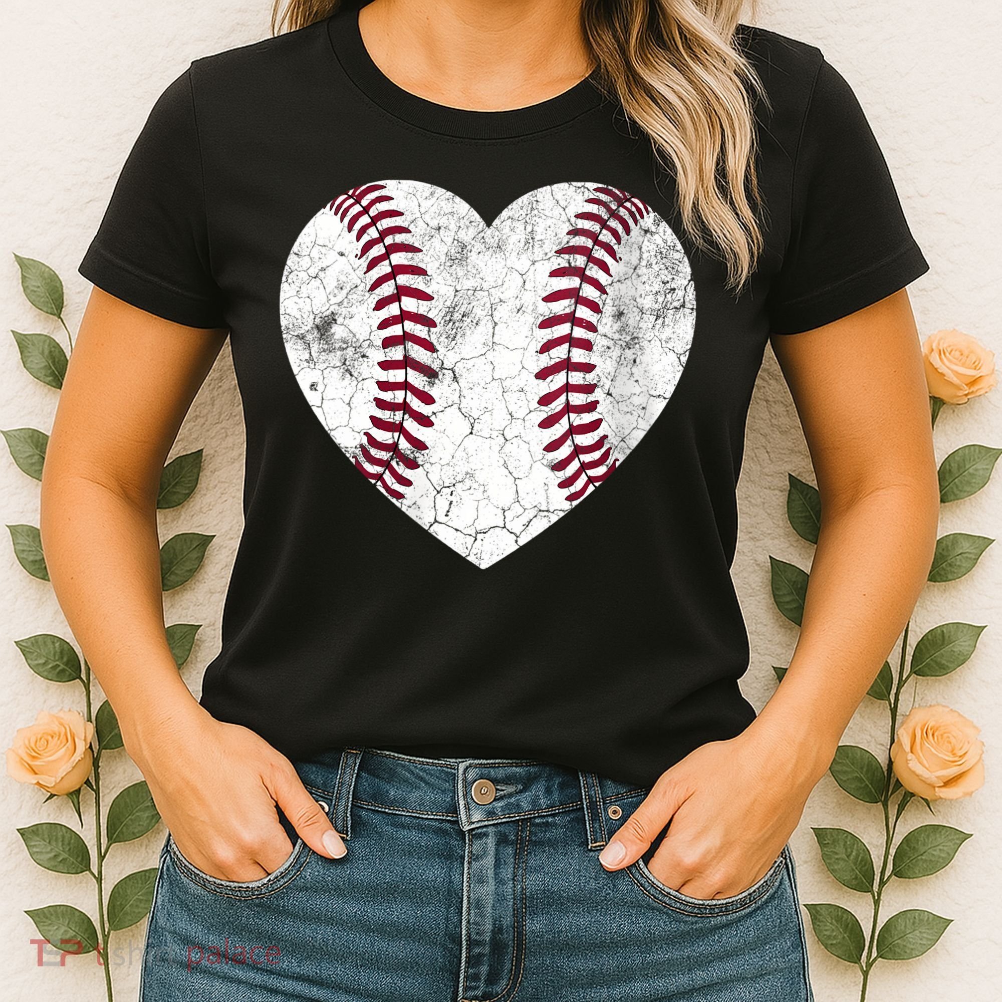  Mother's Day Gift Distressed Heart Baseball Heart Mom Mama V-Neck Women's T-Shirt