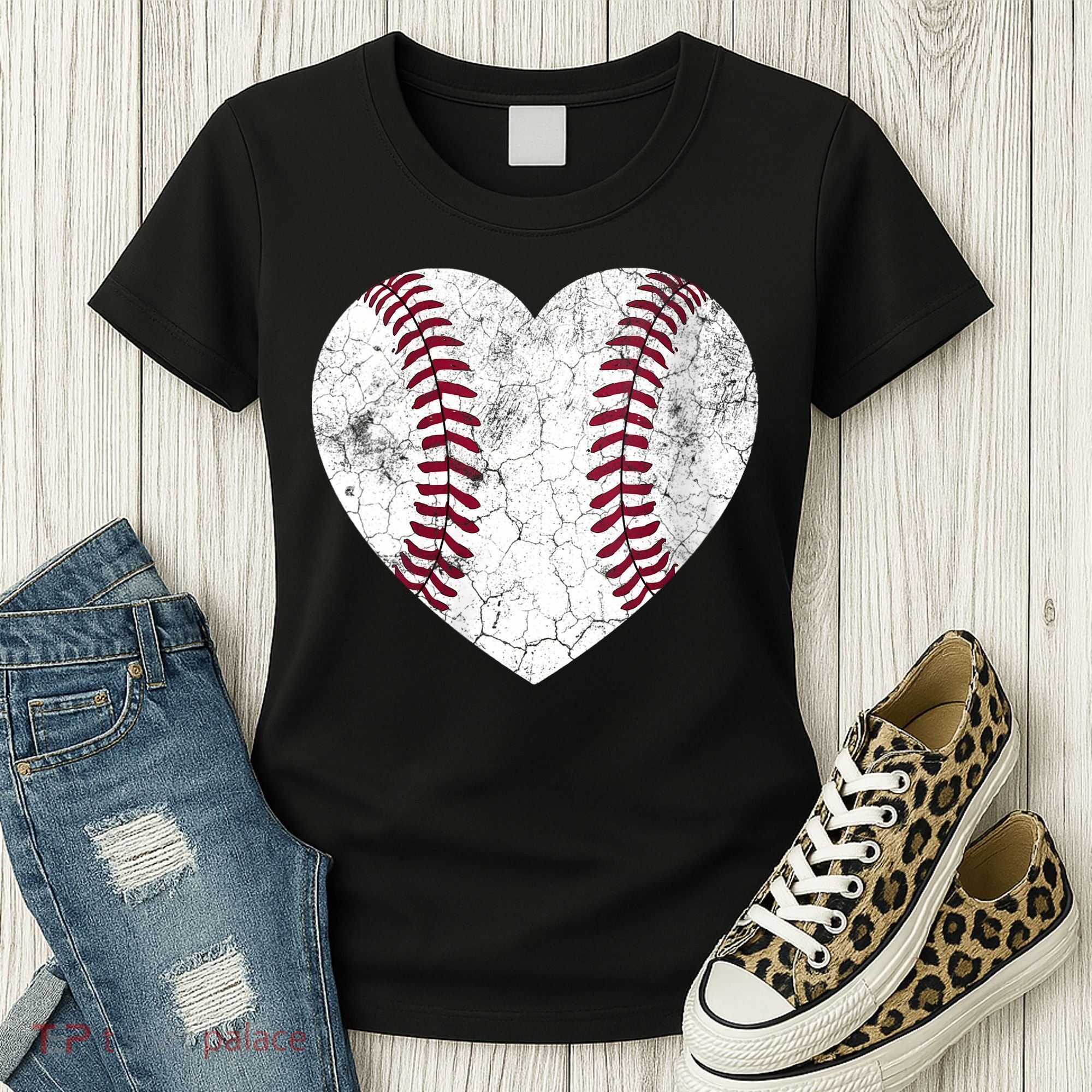  Mother's Day Gift Distressed Heart Baseball Heart Mom Mama V-Neck Women's T-Shirt