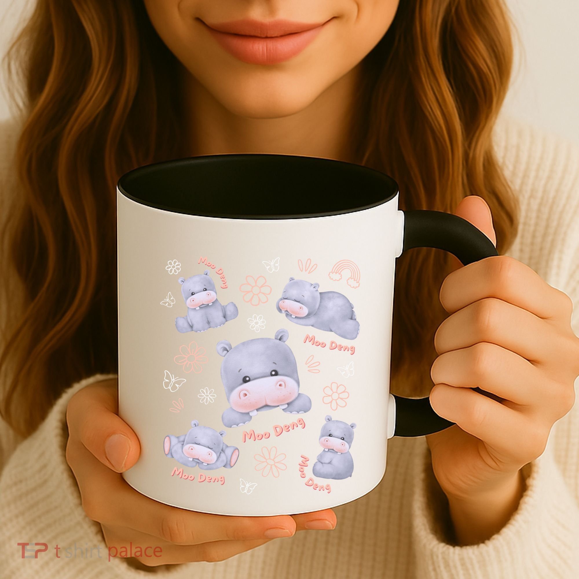 Moo Deng Hippo Pig Flower Cute Baby Pygmy Moodeng Souvenir Coffee Mug