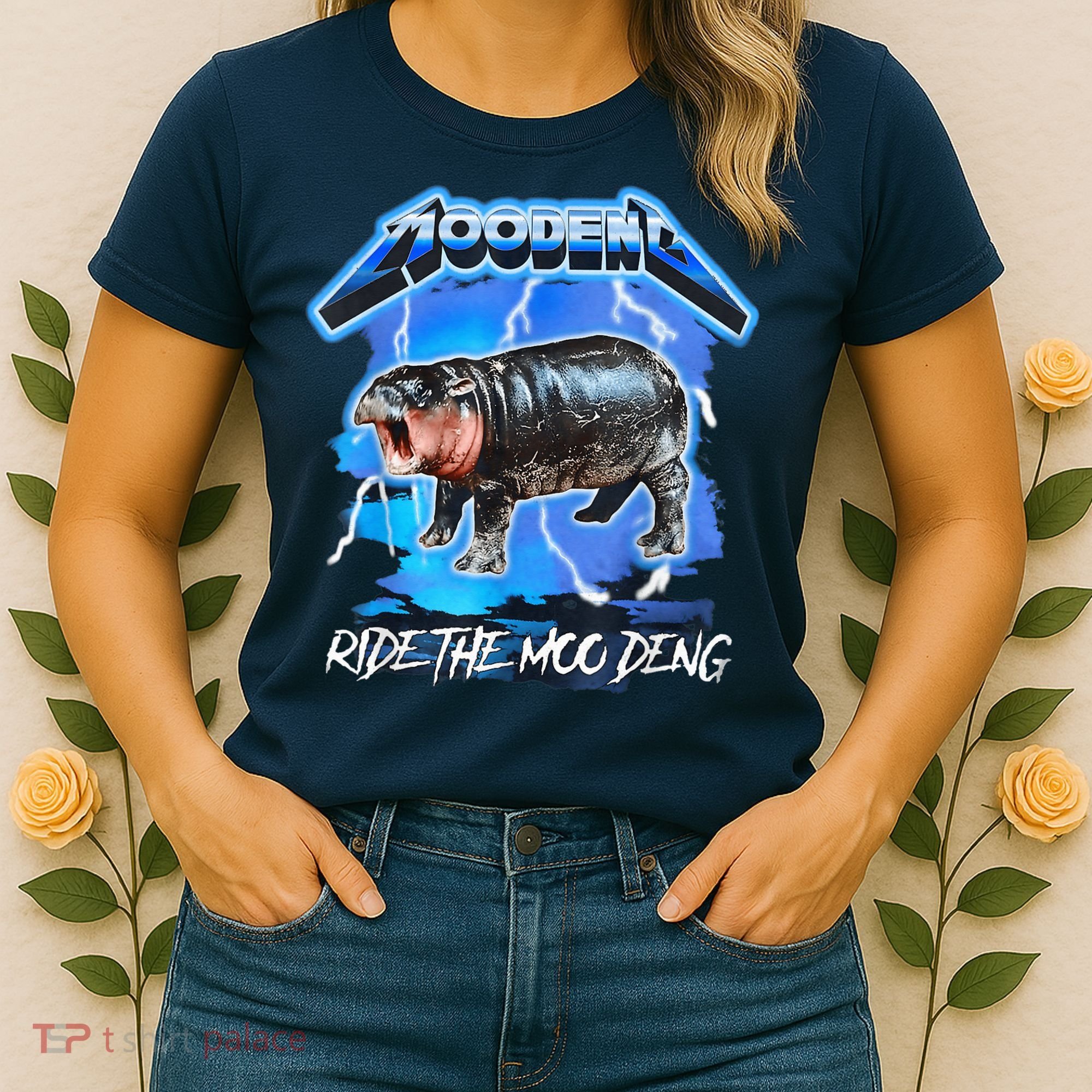 Moo Deng Hippo Ride The Moo Deng Music Rock Style Women's T-Shirt