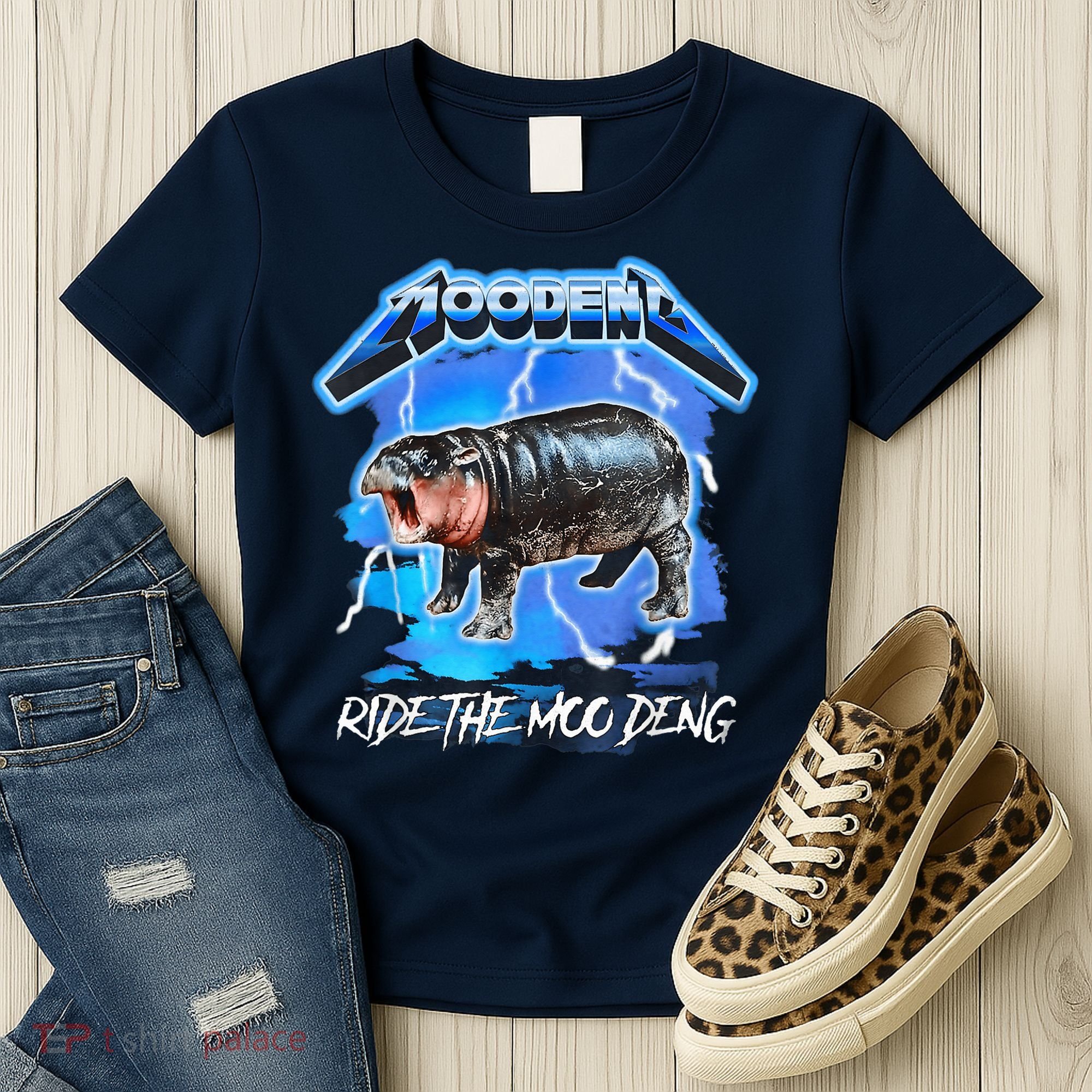 Moo Deng Hippo Ride The Moo Deng Music Rock Style Women's T-Shirt