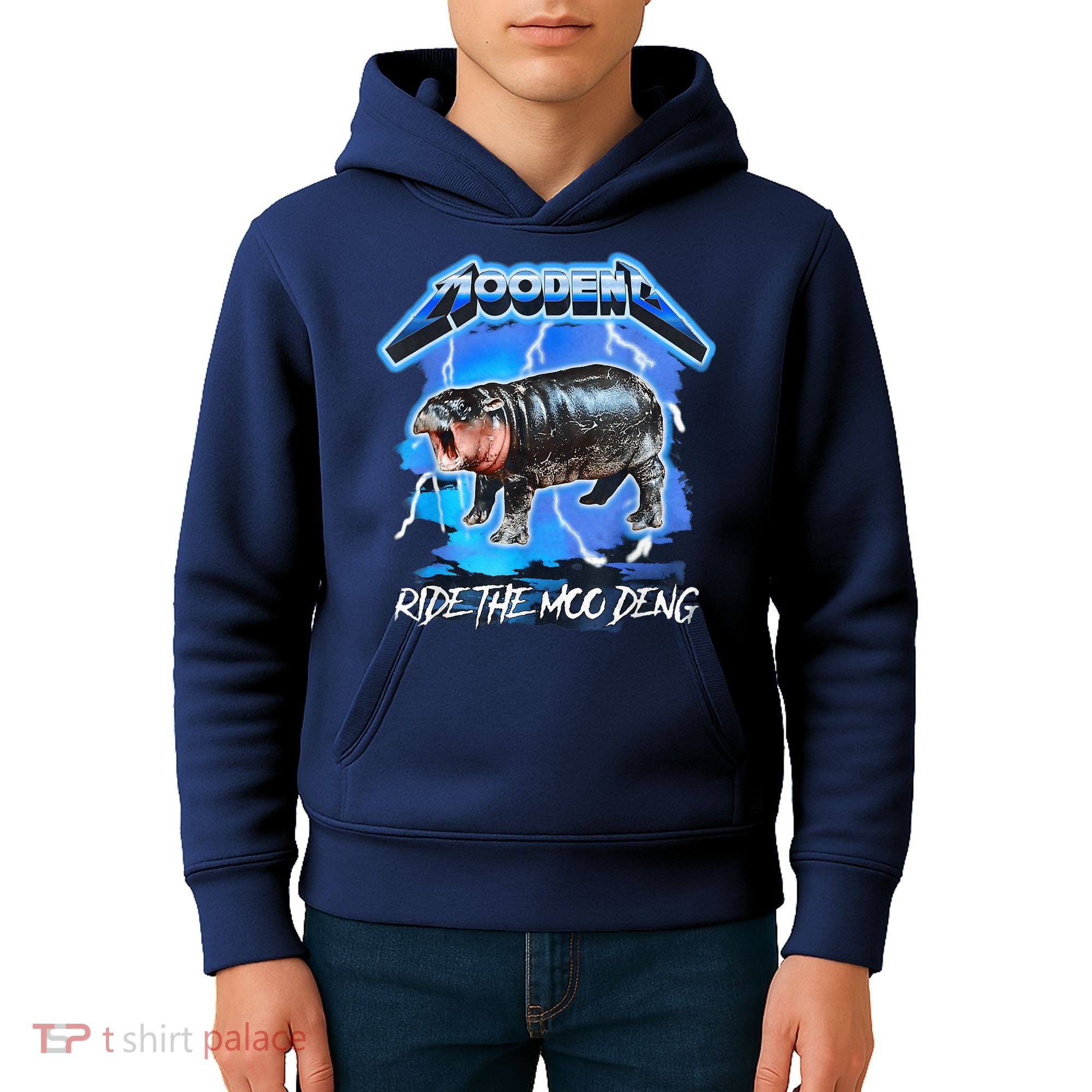 Moo Deng Hippo Ride The Moo Deng Music Rock Style Kids Hoodie