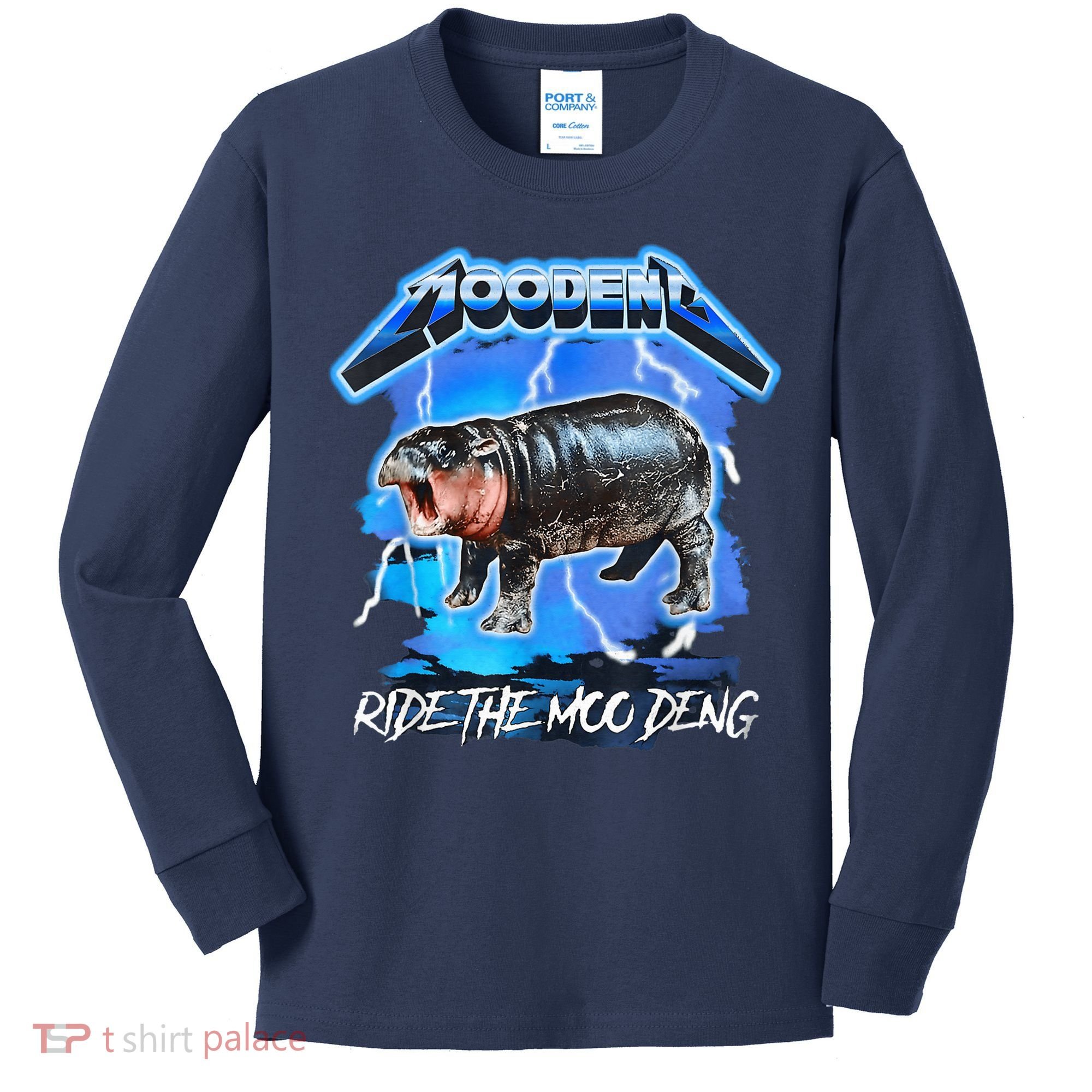 Moo Deng Hippo Ride The Moo Deng Music Rock Style Kids Long Sleeve Shirt