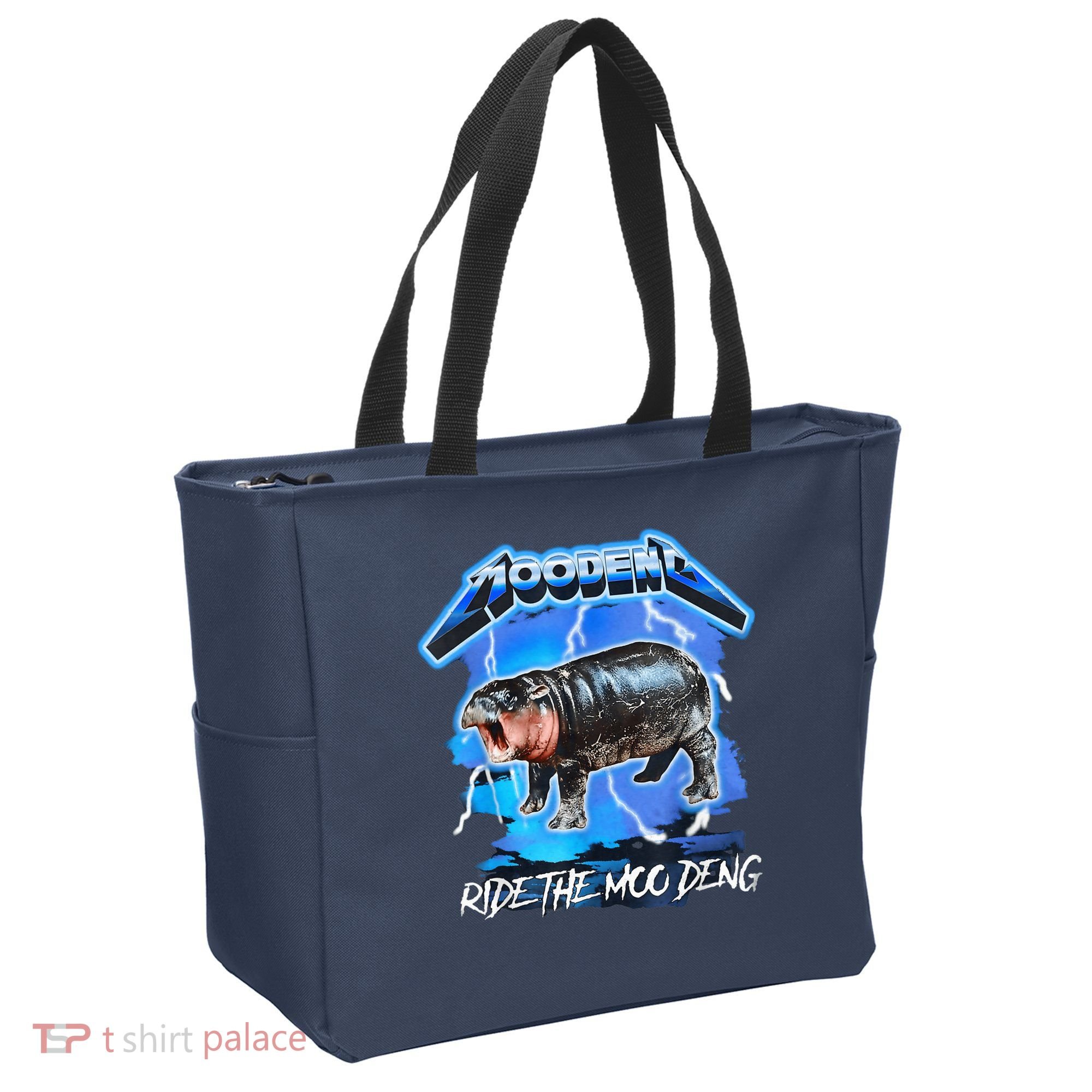 Moo Deng Hippo Ride The Moo Deng Music Rock Style Tote Bag
