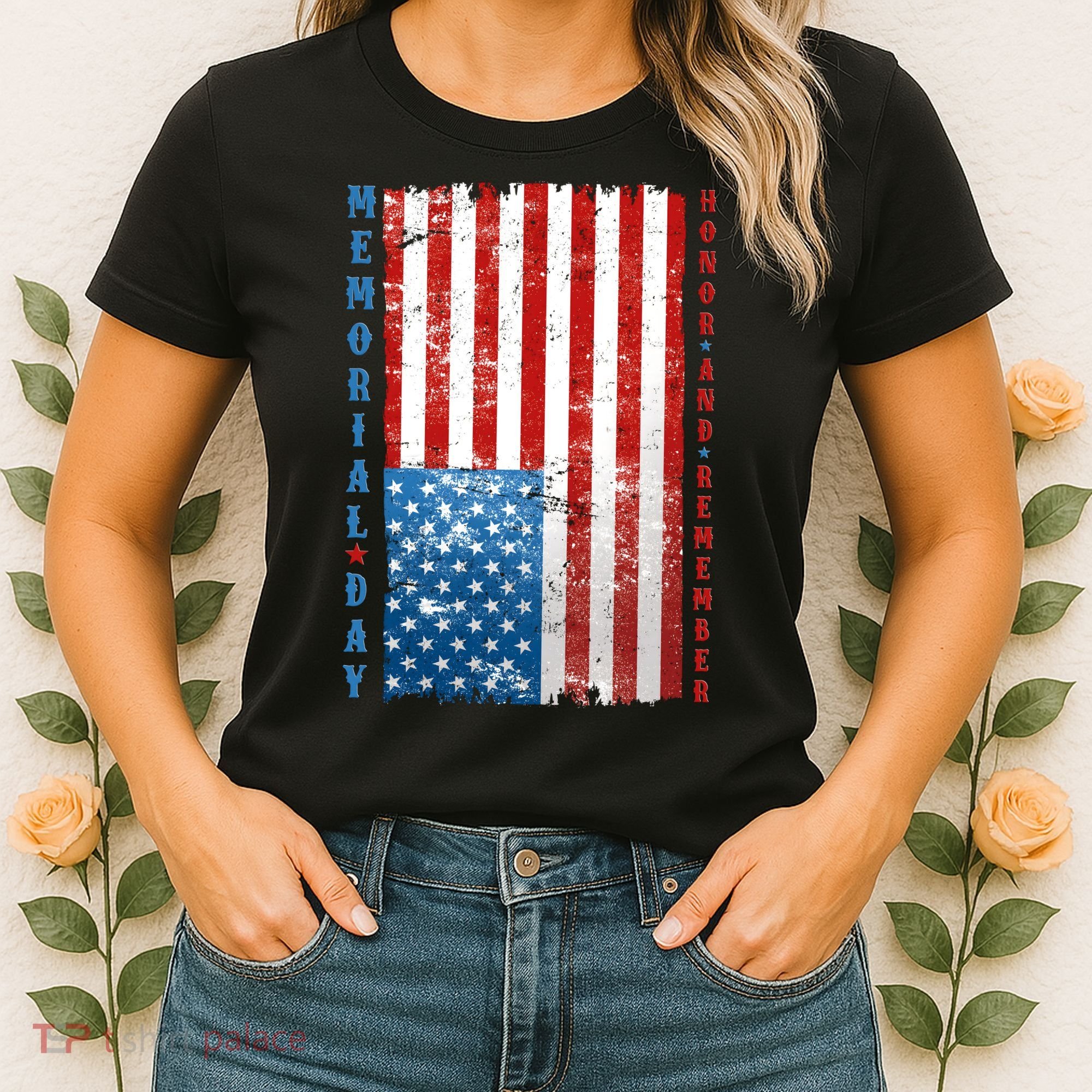 Memorial Day Honor And Remember Distressed USA American Flag Women's T-Shirt