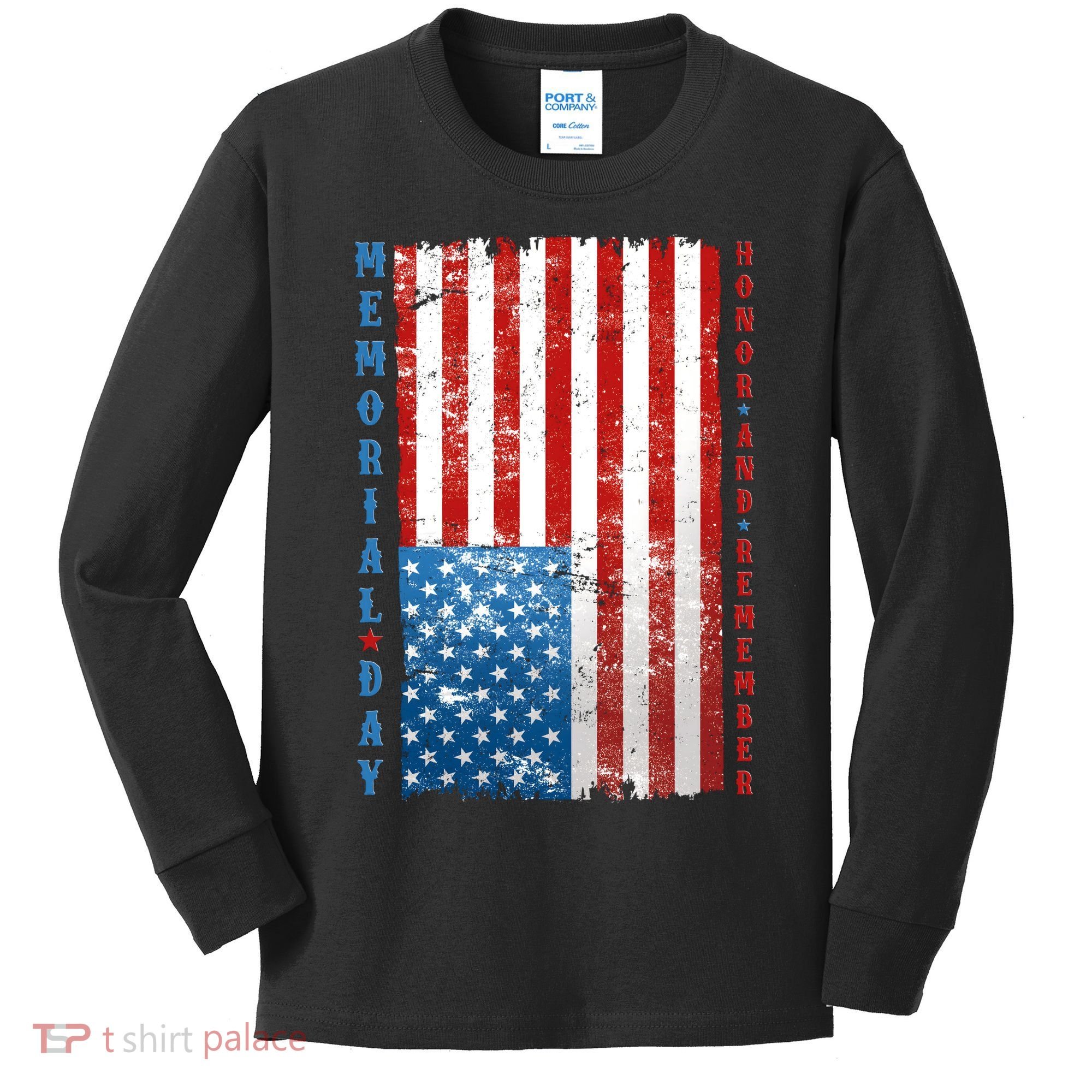 Memorial Day Honor And Remember Distressed USA American Flag Kids Long Sleeve Shirt