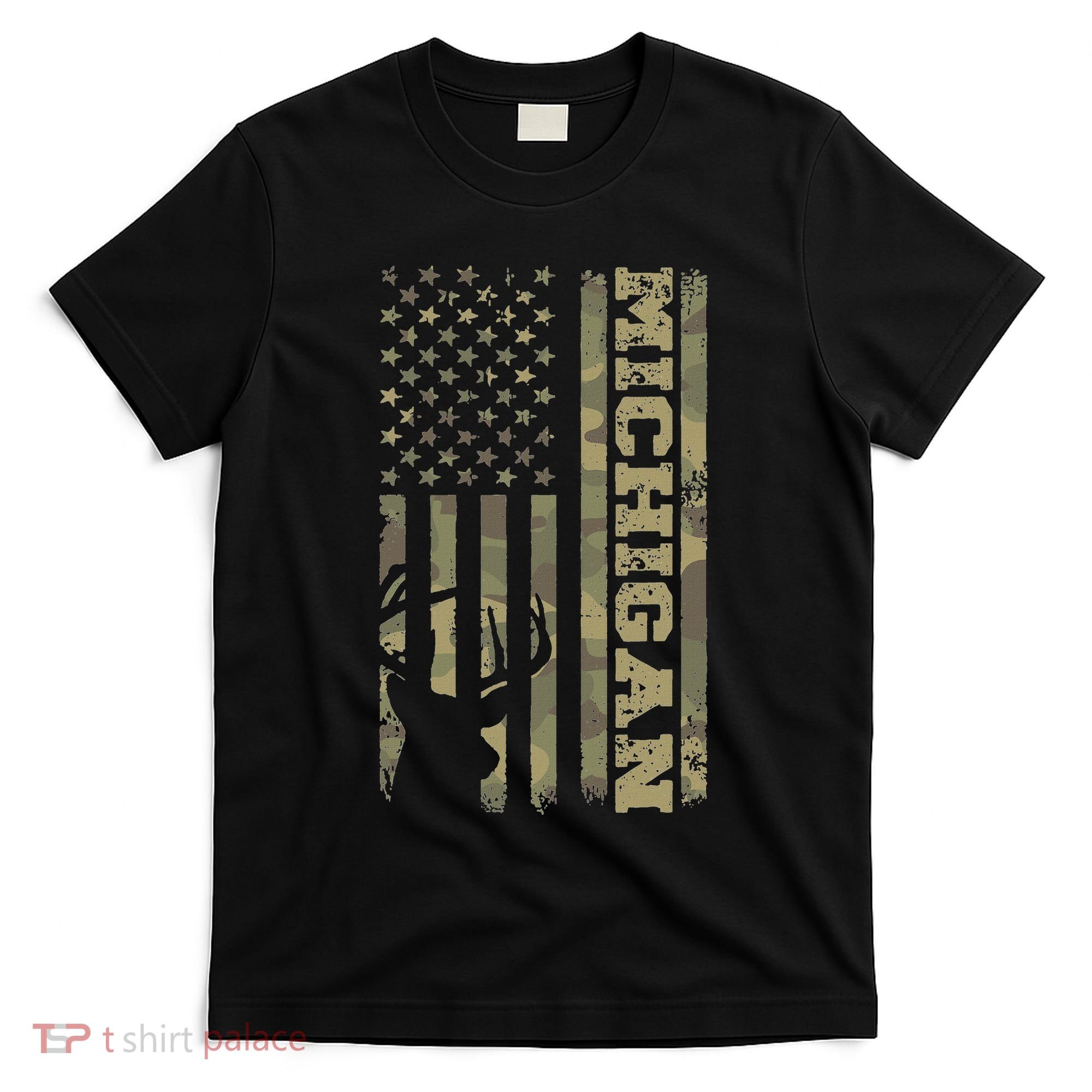 Michigan Deer Hunter Vintage Deer Hunting Camo Usa Flag T-Shirt
