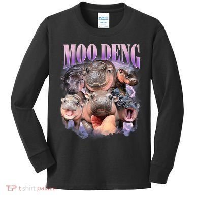 Moo Deng Hippo Meme Funny Kids Long Sleeve Shirt