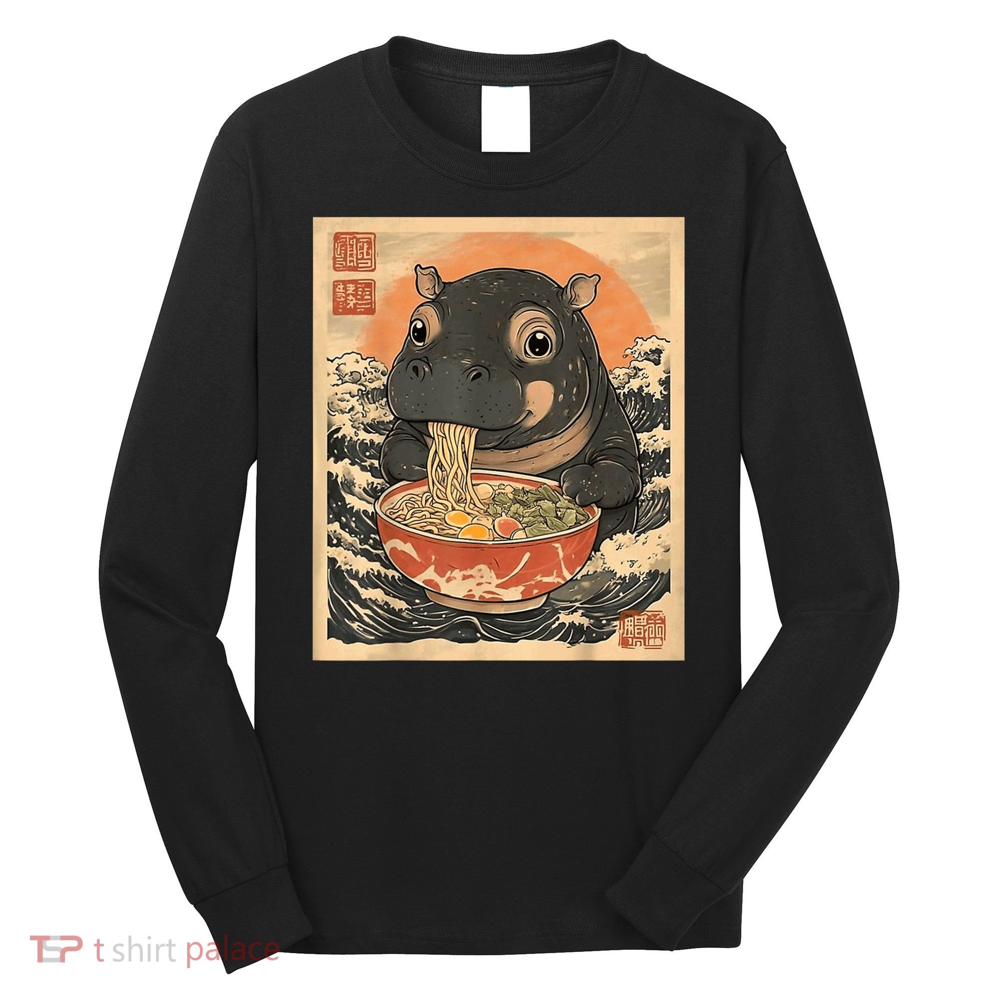 Moo Deng Hippo Eat Ramen For Japanese Style Long Sleeve Shirt