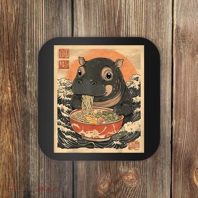 Moo Deng Hippo Eat Ramen For Japanese Style Coaster
