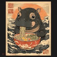 Moo Deng Hippo Eat Ramen For Japanese Style Ornament thumb 1