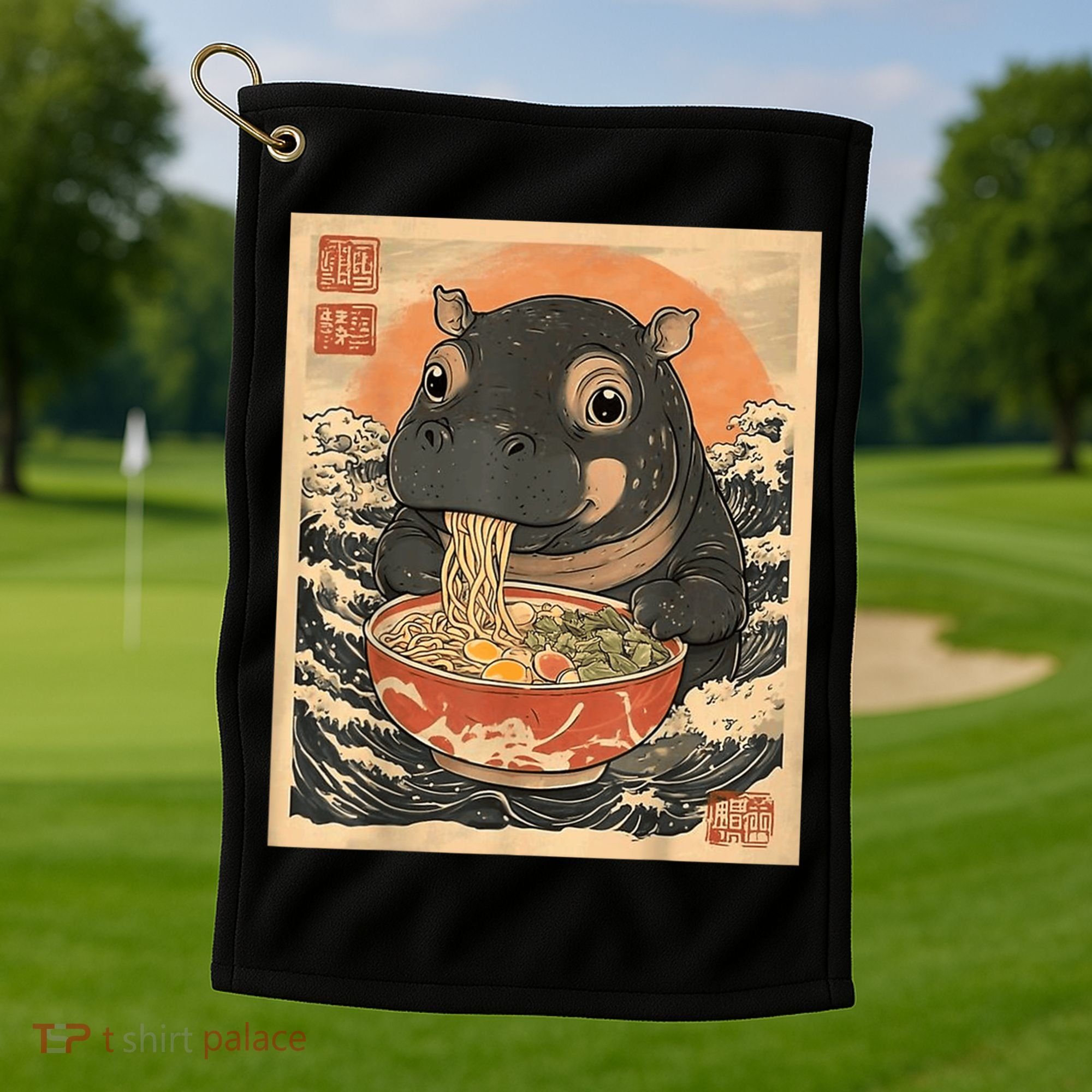Moo Deng Hippo Eat Ramen For Japanese Style Golf Towel