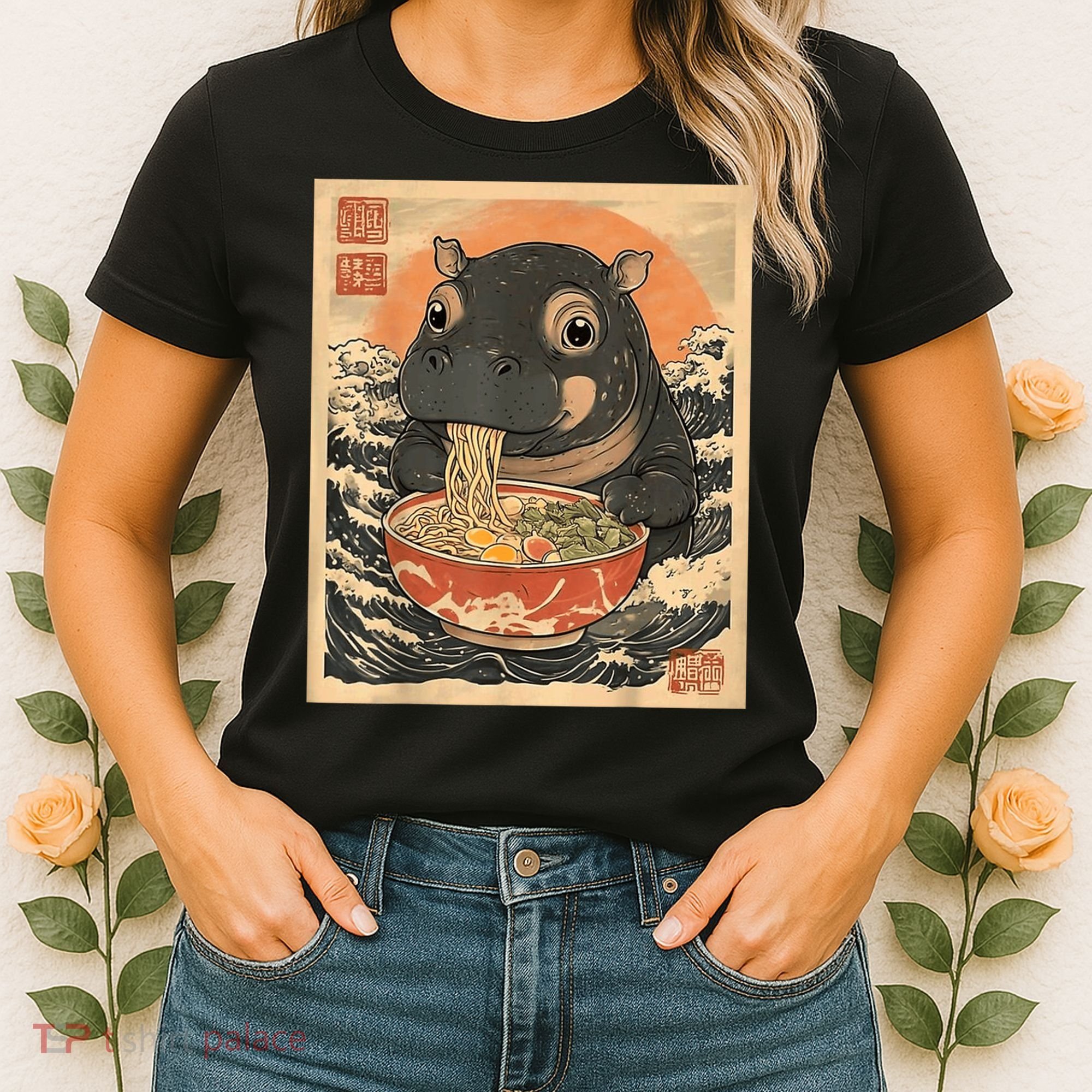 Moo Deng Hippo Eat Ramen For Japanese Style Women's T-Shirt