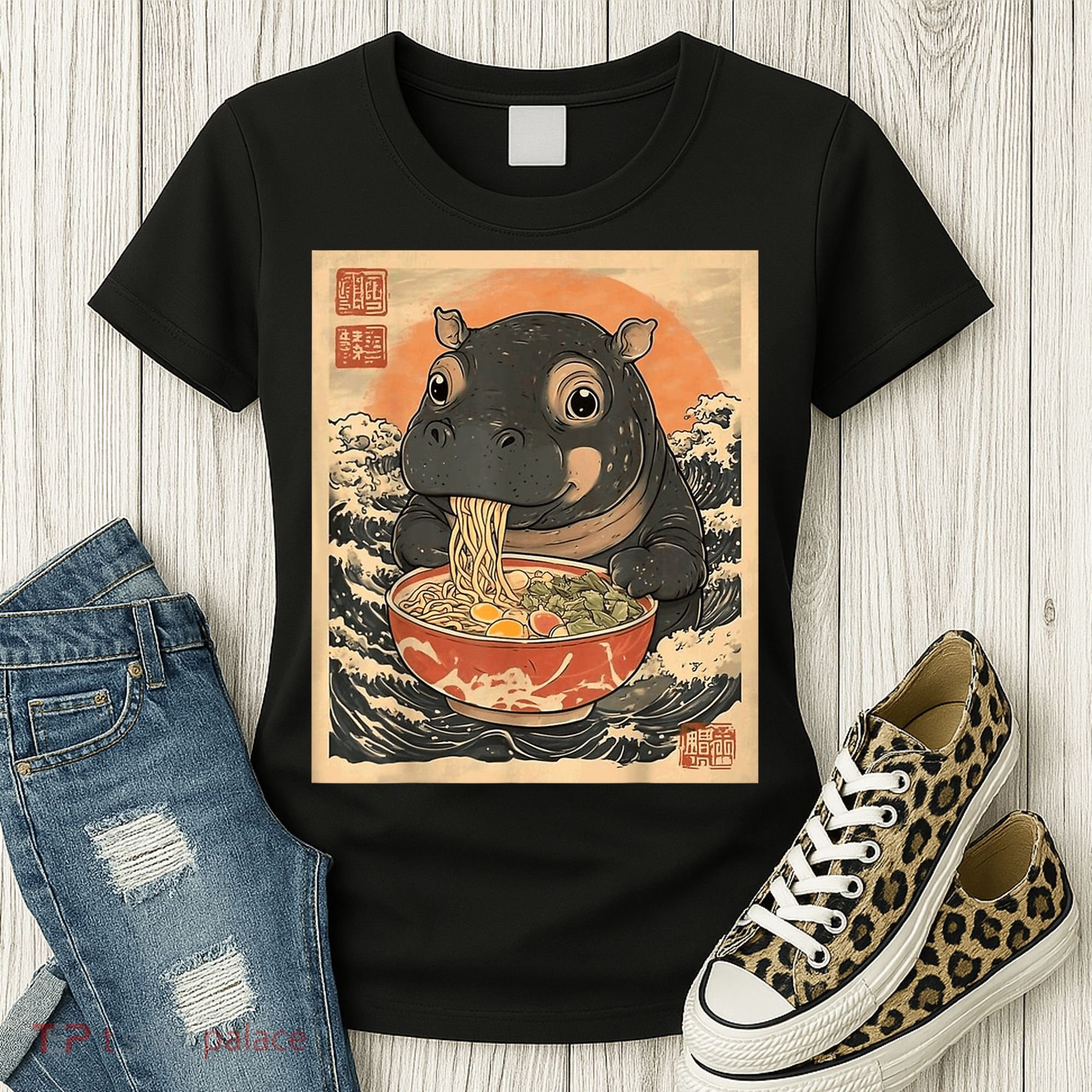 Moo Deng Hippo Eat Ramen For Japanese Style Women's T-Shirt