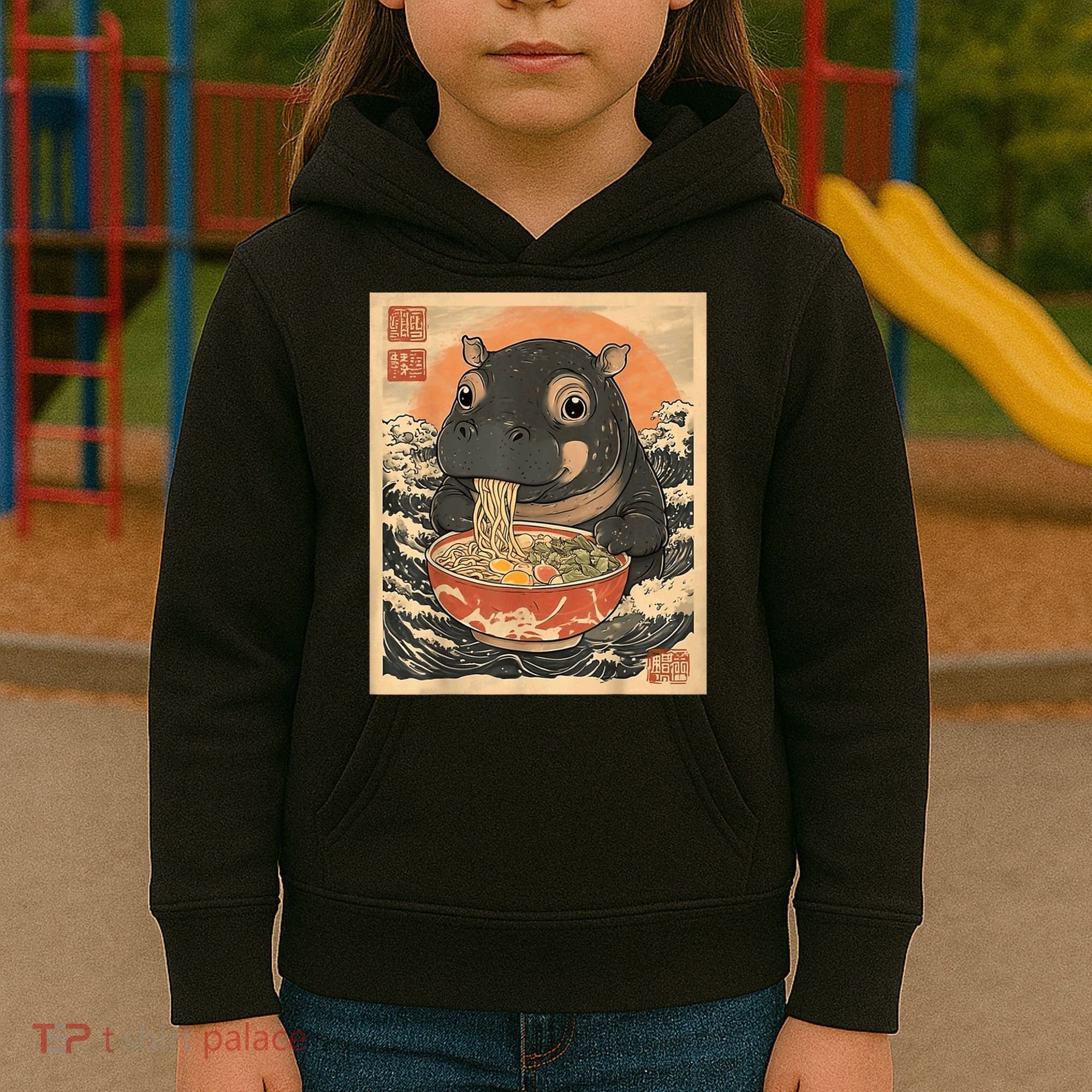 Moo Deng Hippo Eat Ramen For Japanese Style Kids Hoodie