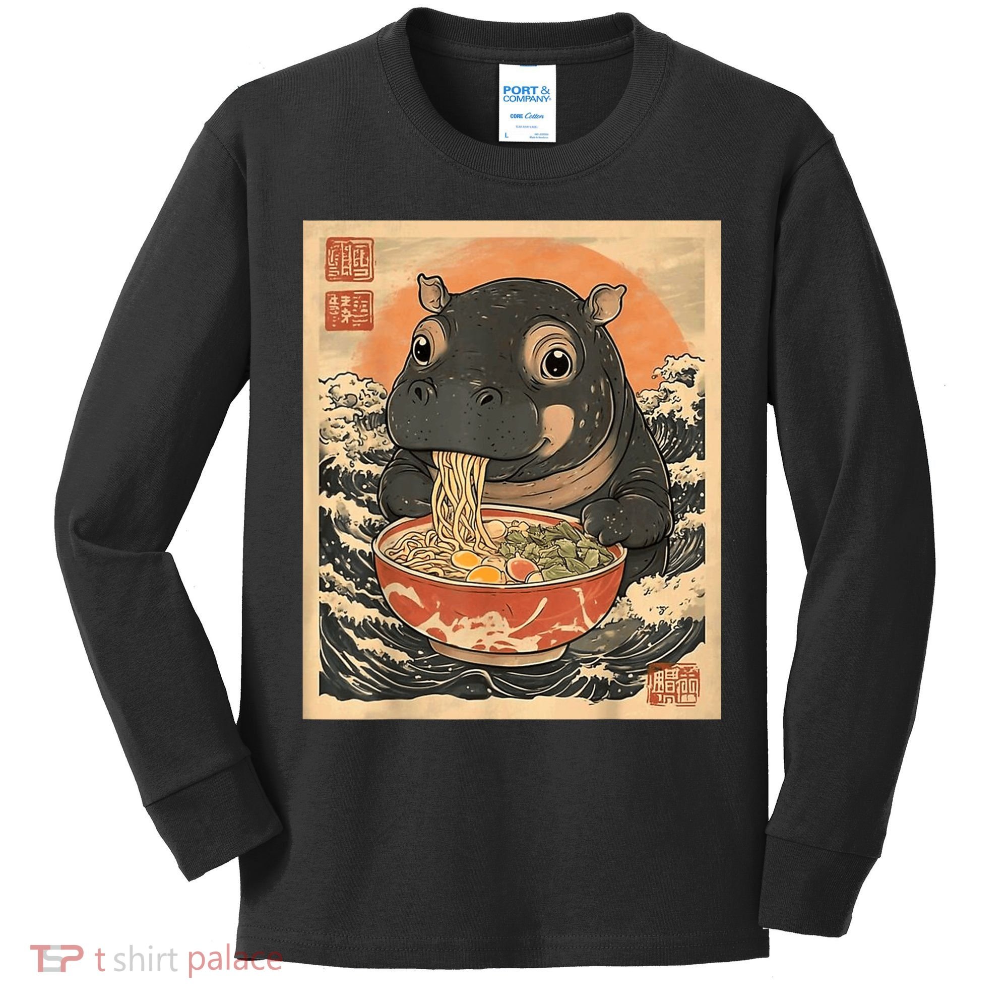 Moo Deng Hippo Eat Ramen For Japanese Style Kids Long Sleeve Shirt