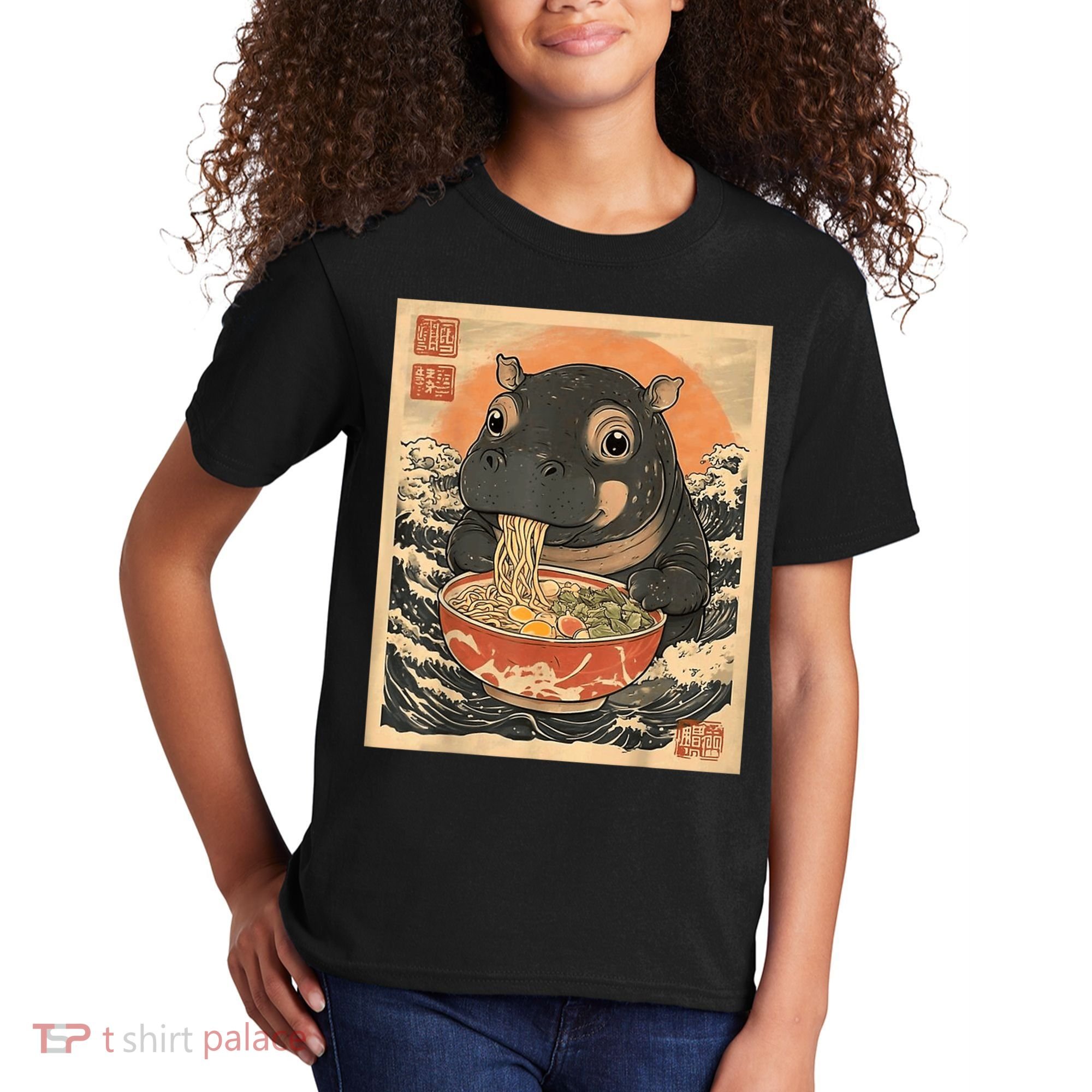 Moo Deng Hippo Eat Ramen For Japanese Style Kids T-Shirt
