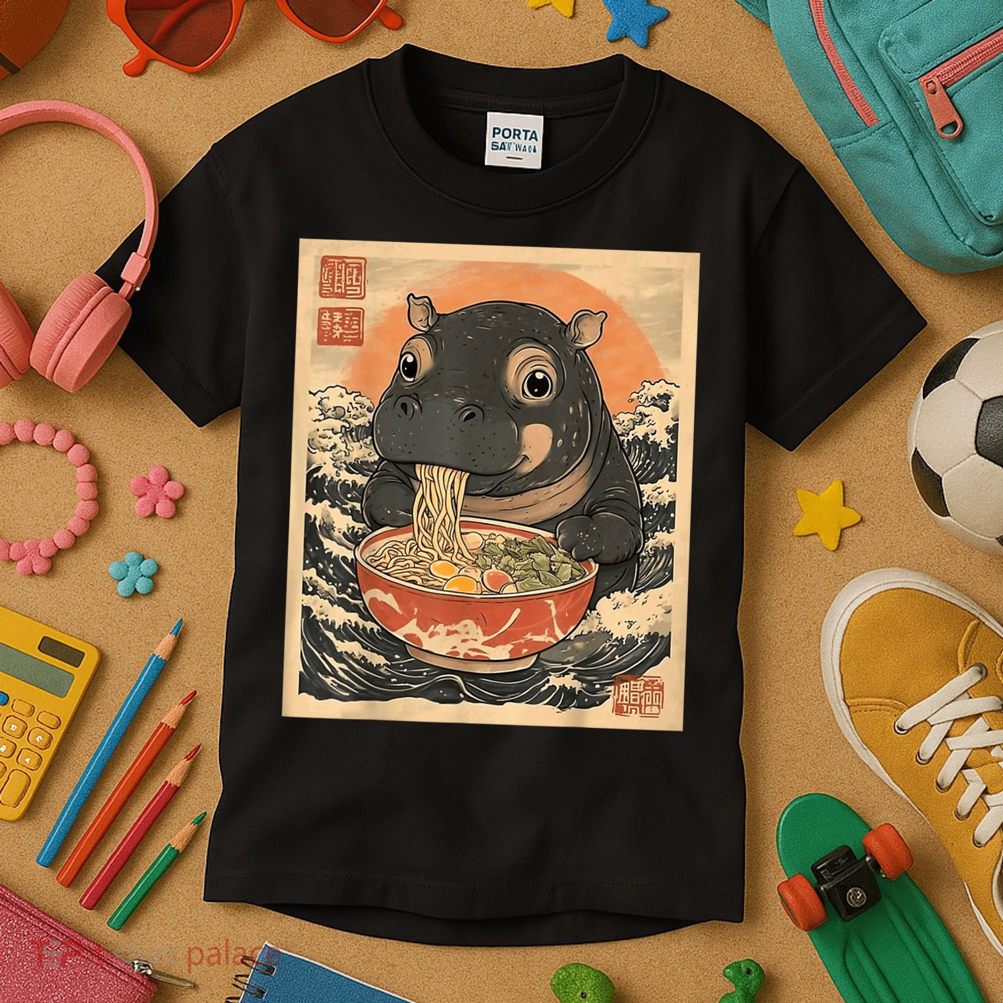 Moo Deng Hippo Eat Ramen For Japanese Style Kids T-Shirt