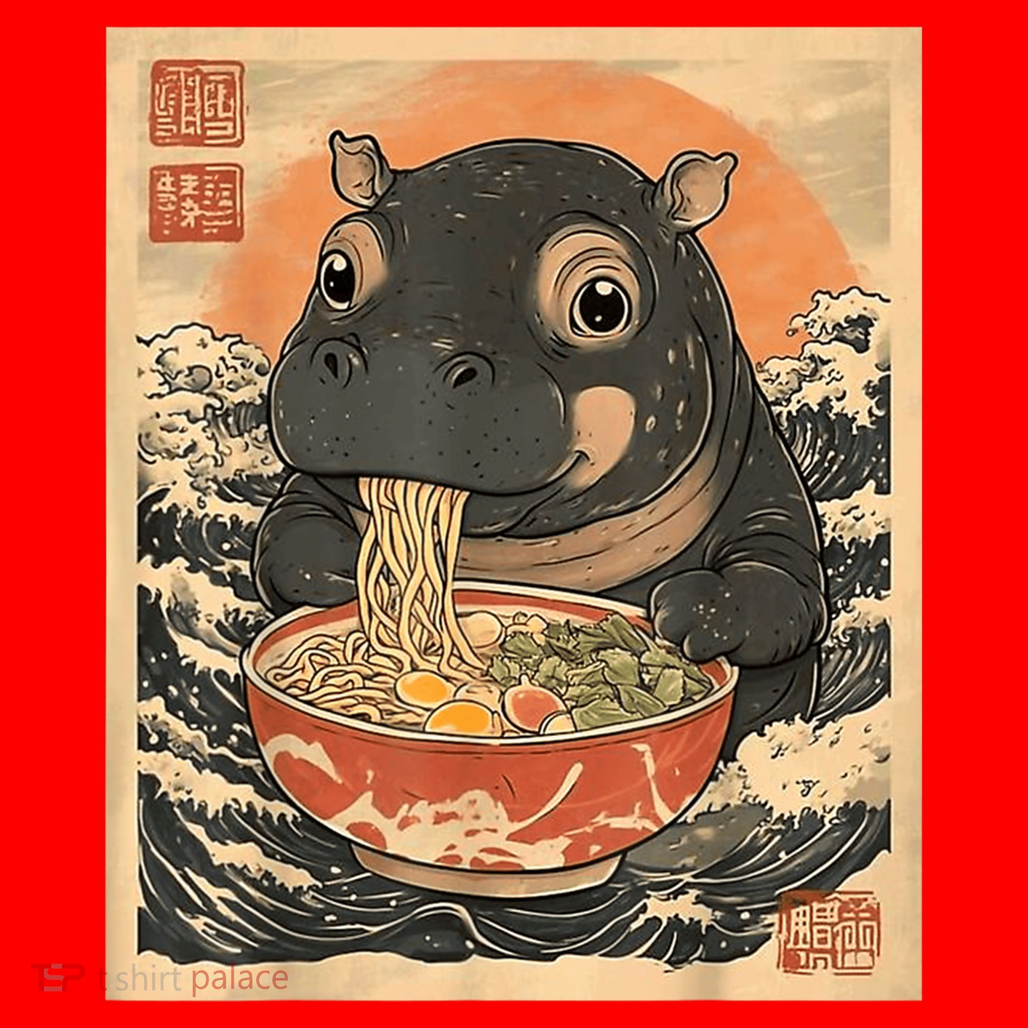 Moo Deng Hippo Eat Ramen For Japanese Style Santa Hat