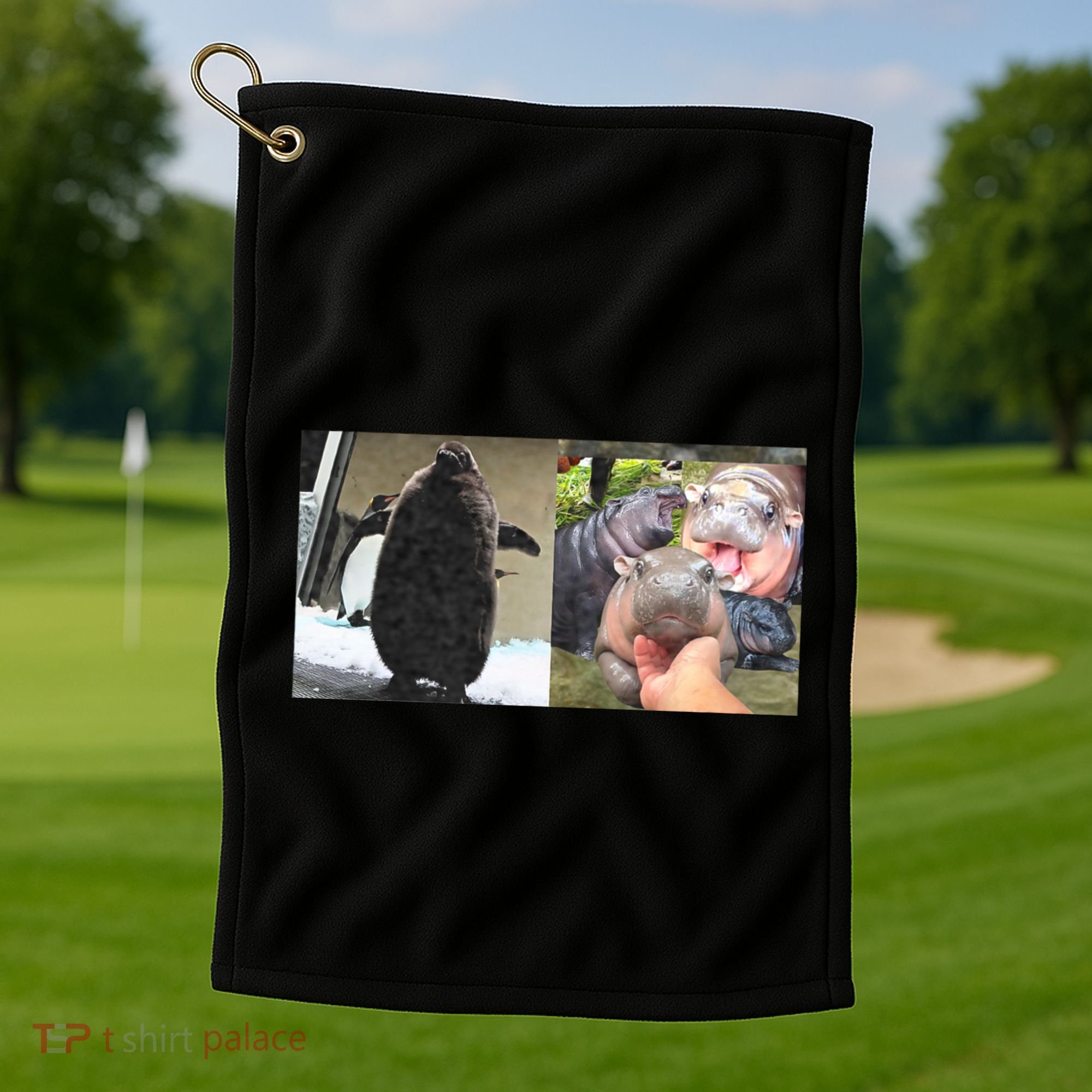 Moo Deng Hippo And Baby Penguin Pesto Golf Towel