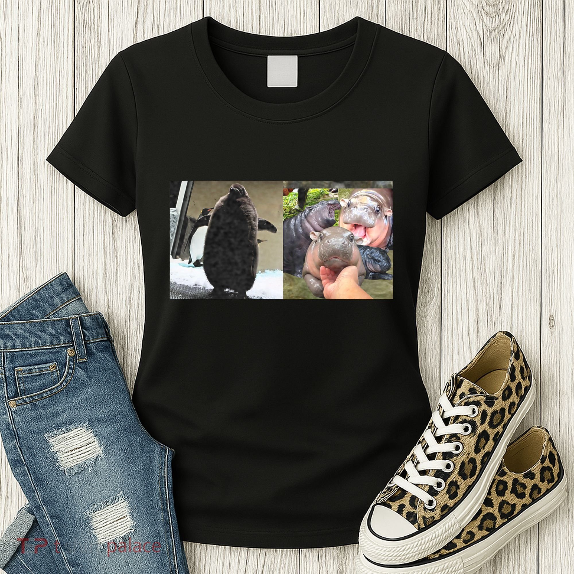 Moo Deng Hippo And Baby Penguin Pesto Women's T-Shirt
