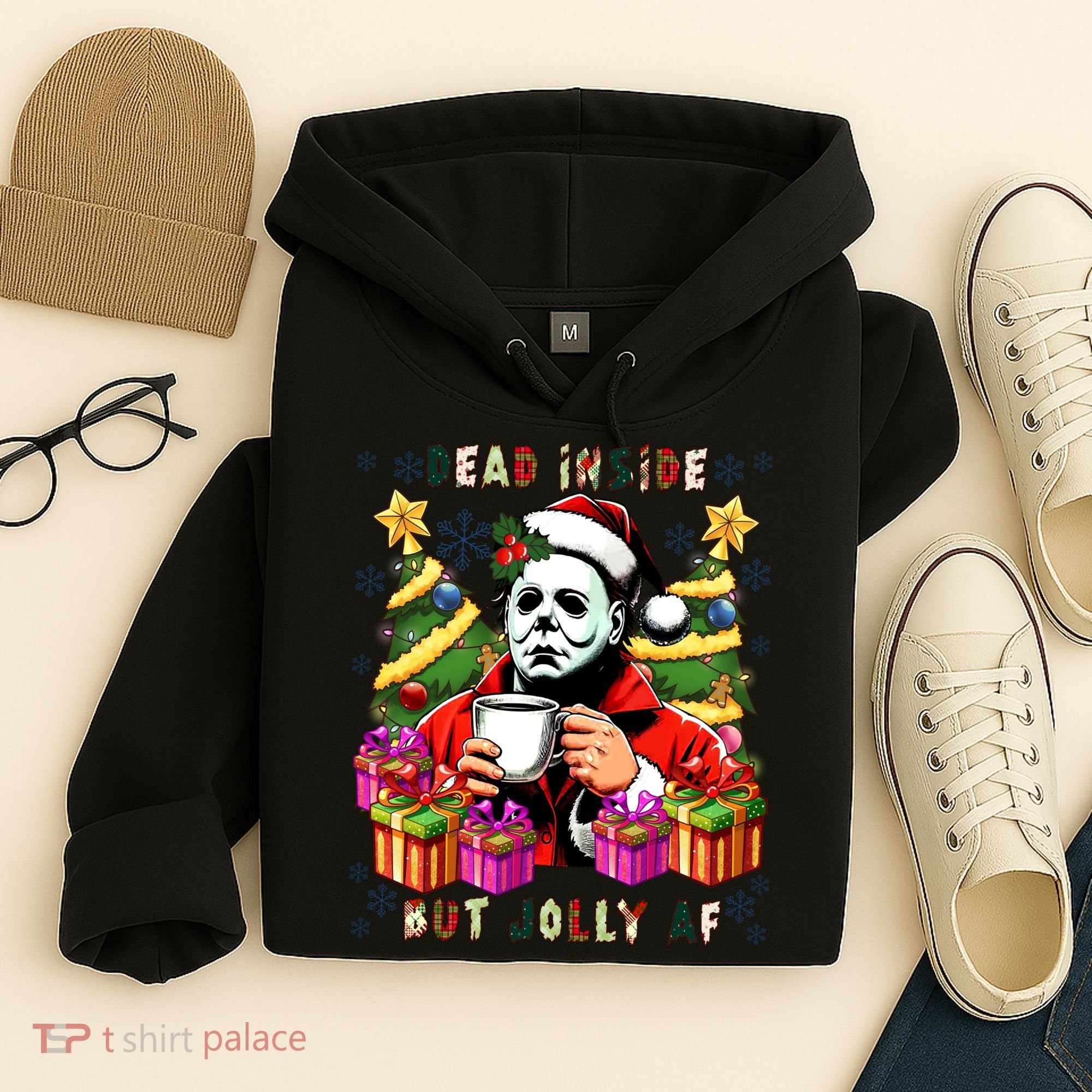 Myers Dead Inside But Jolly Af Myers Christmas Tree Hoodie
