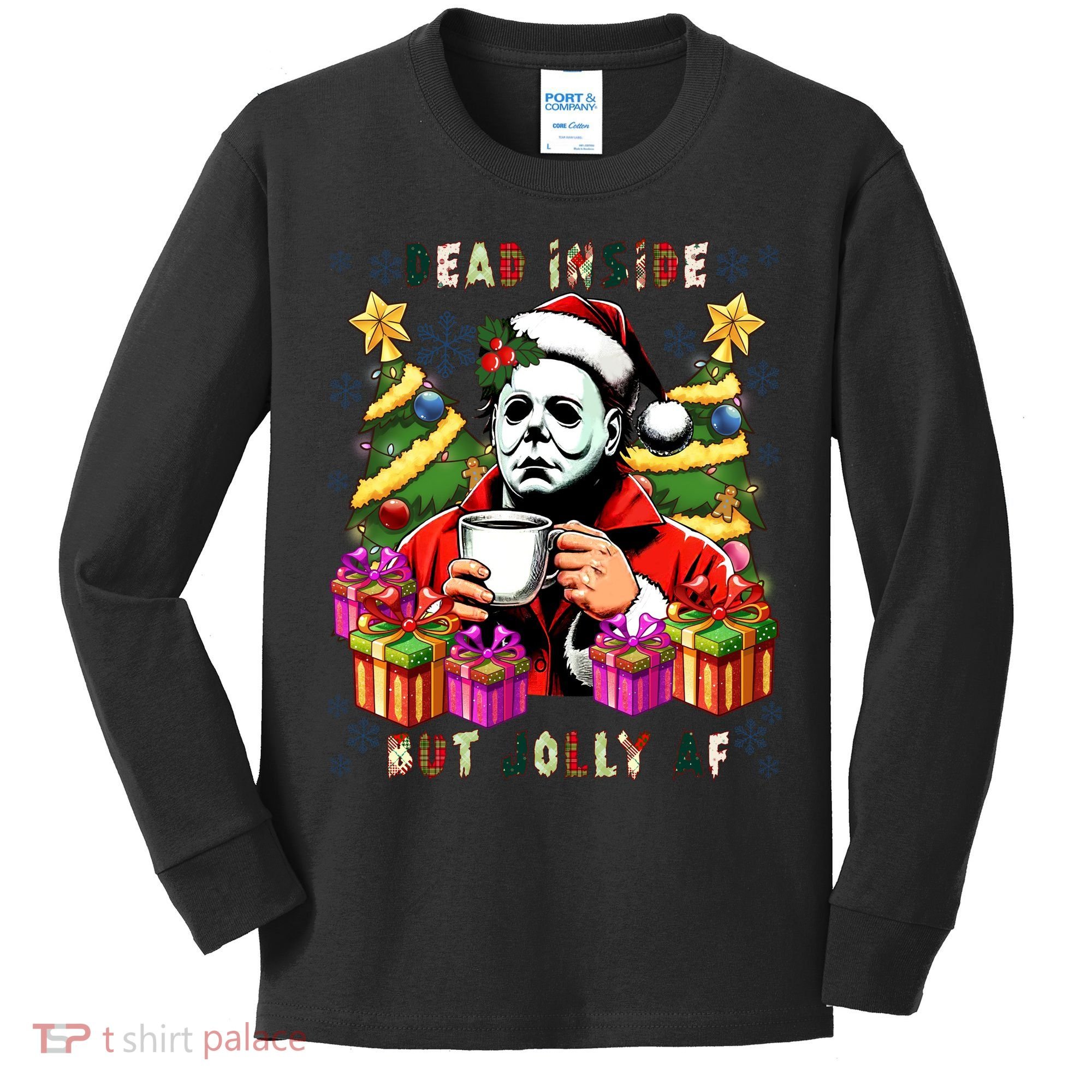 Myers Dead Inside But Jolly Af Myers Christmas Tree Kids Long Sleeve Shirt
