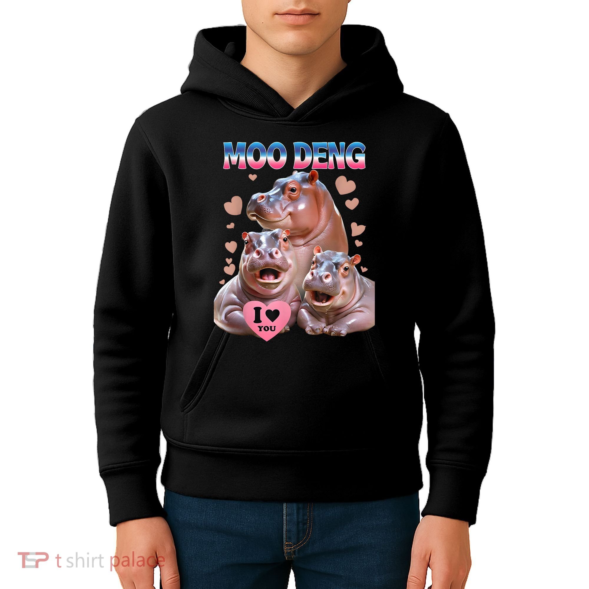 Moo Deng I Love You Hippo Kids Hoodie