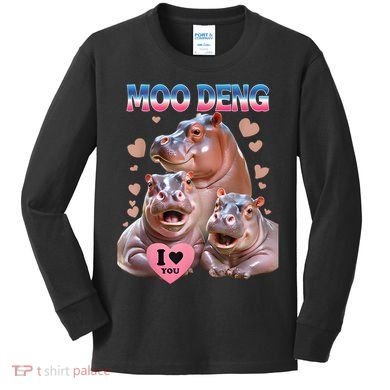 Moo Deng I Love You Hippo Kids Long Sleeve Shirt