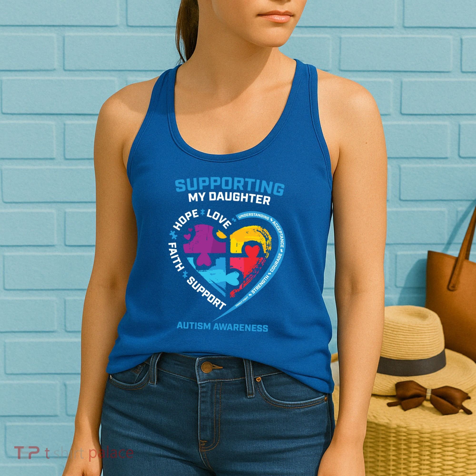 Mom Dad I Wear Blue Daughter Autism Awareness Puzzle Piece Great Gift Women's Tank Top