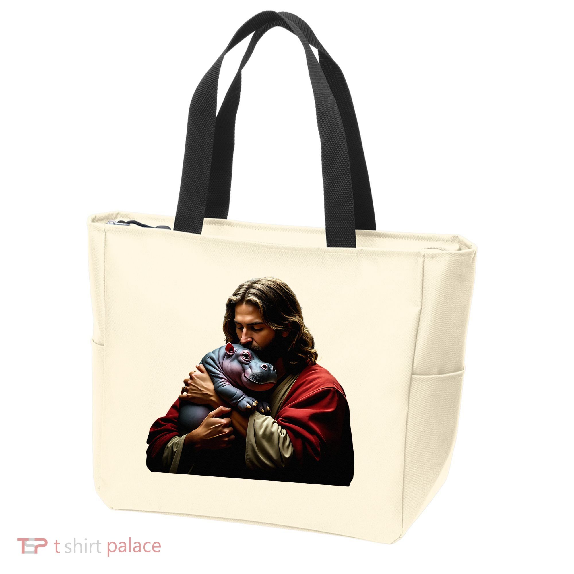 Moo Deng Jesus Christ Baby Hippo Animal Tote Bag