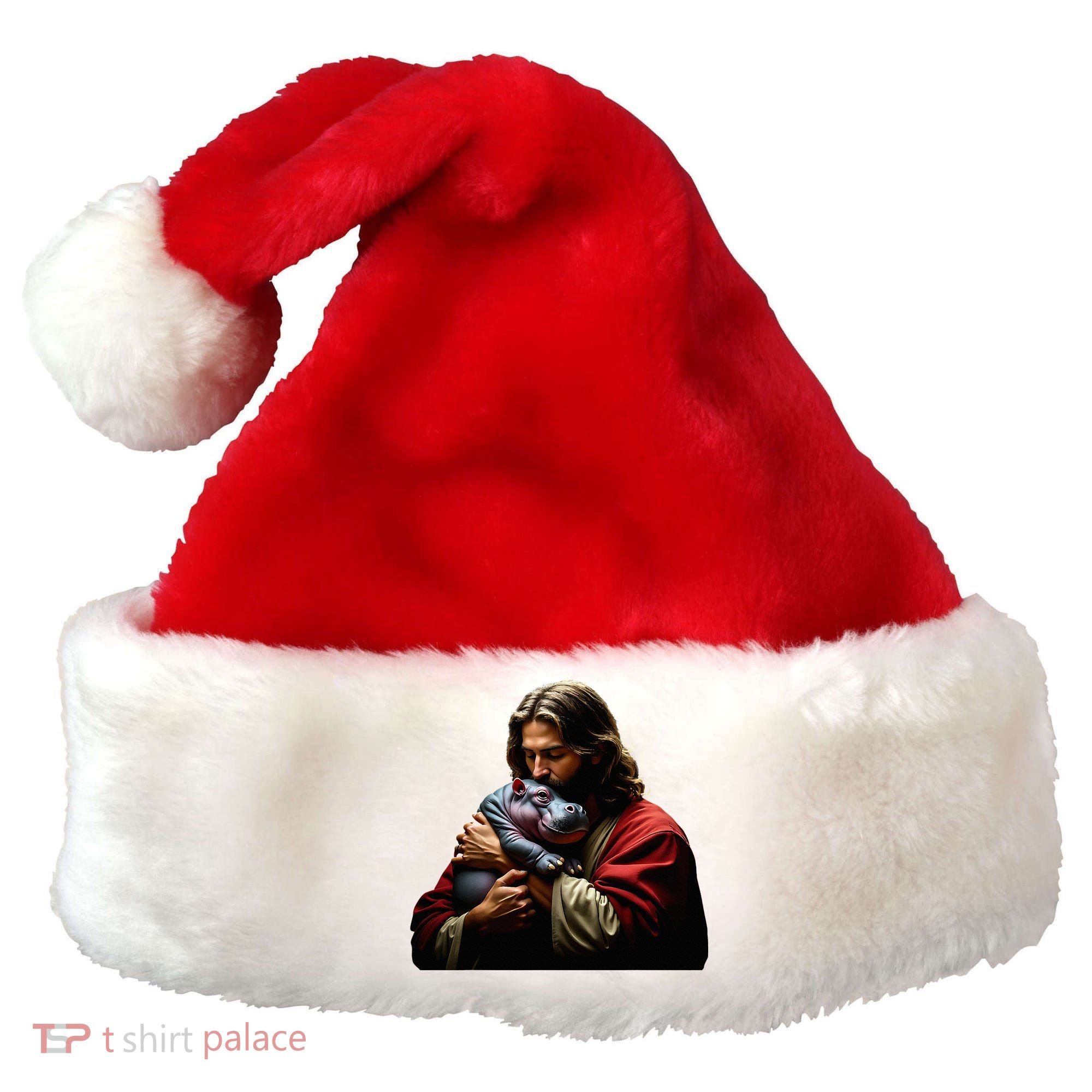 Moo Deng Jesus Christ Baby Hippo Animal Santa Hat