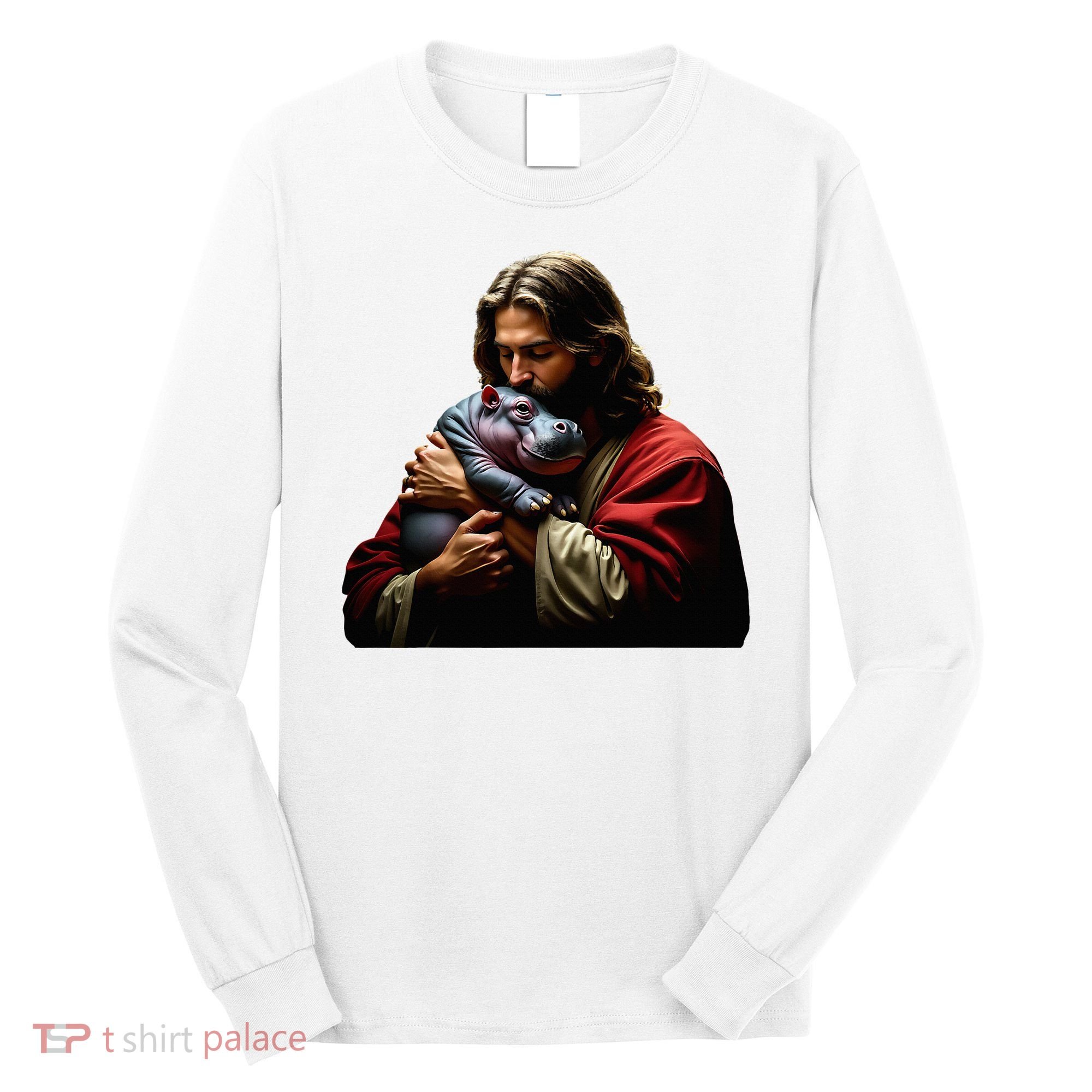 Moo Deng Jesus Christ Baby Hippo Animal Long Sleeve Shirt