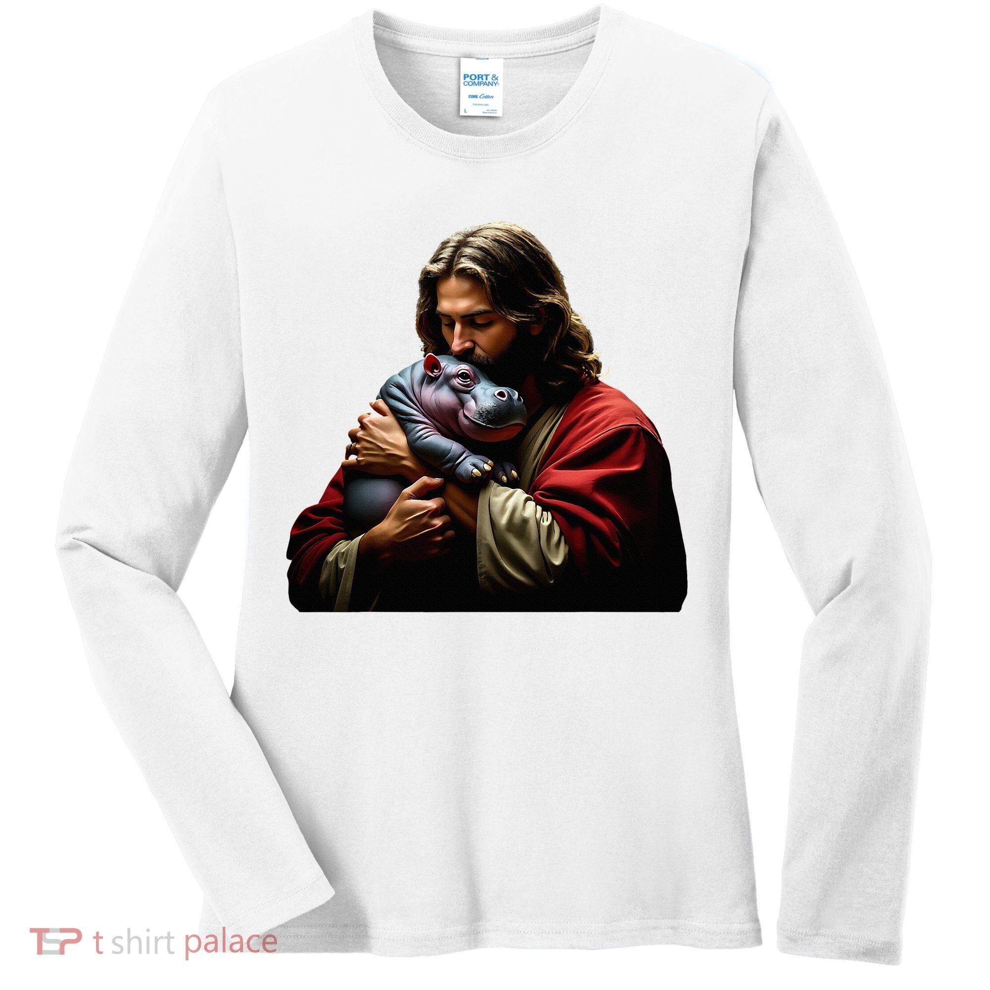Moo Deng Jesus Christ Baby Hippo Animal Women's Long Sleeve Shirt