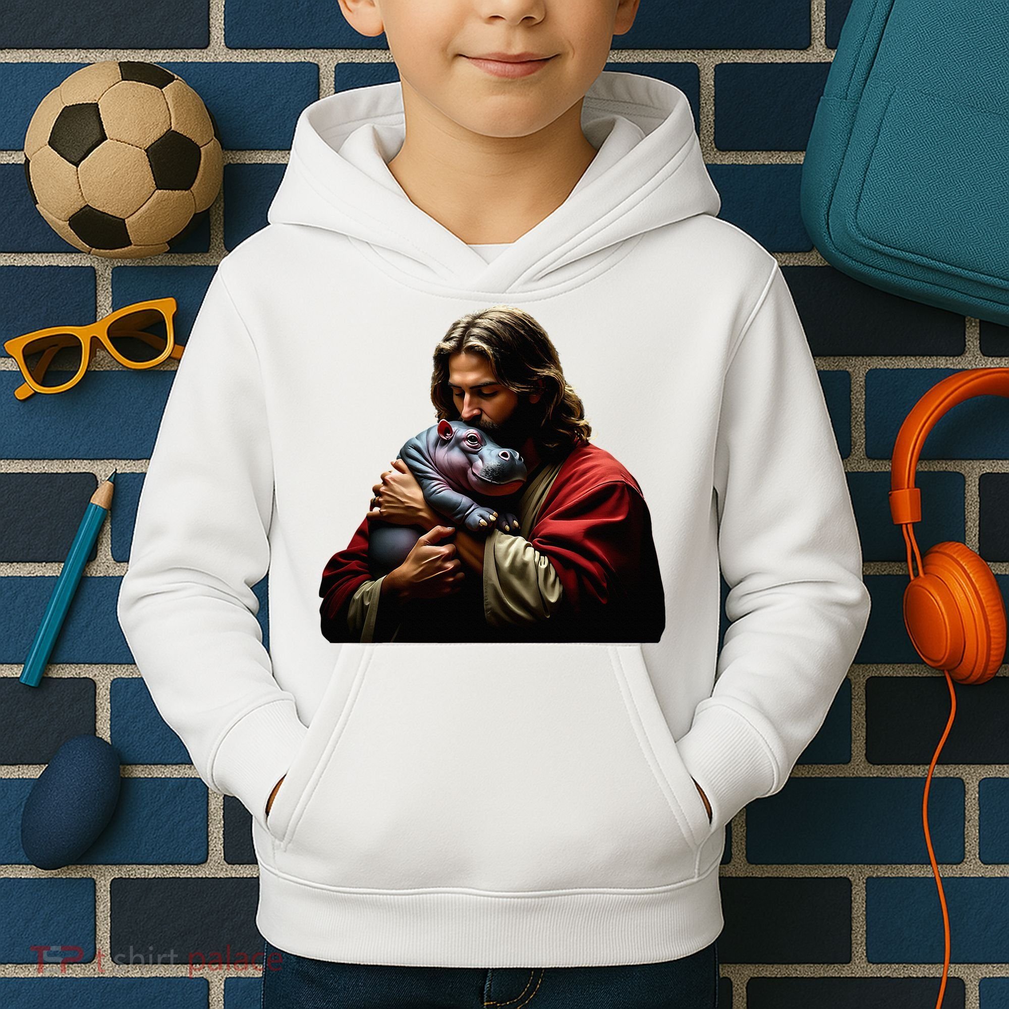 Moo Deng Jesus Christ Baby Hippo Animal Kids Hoodie