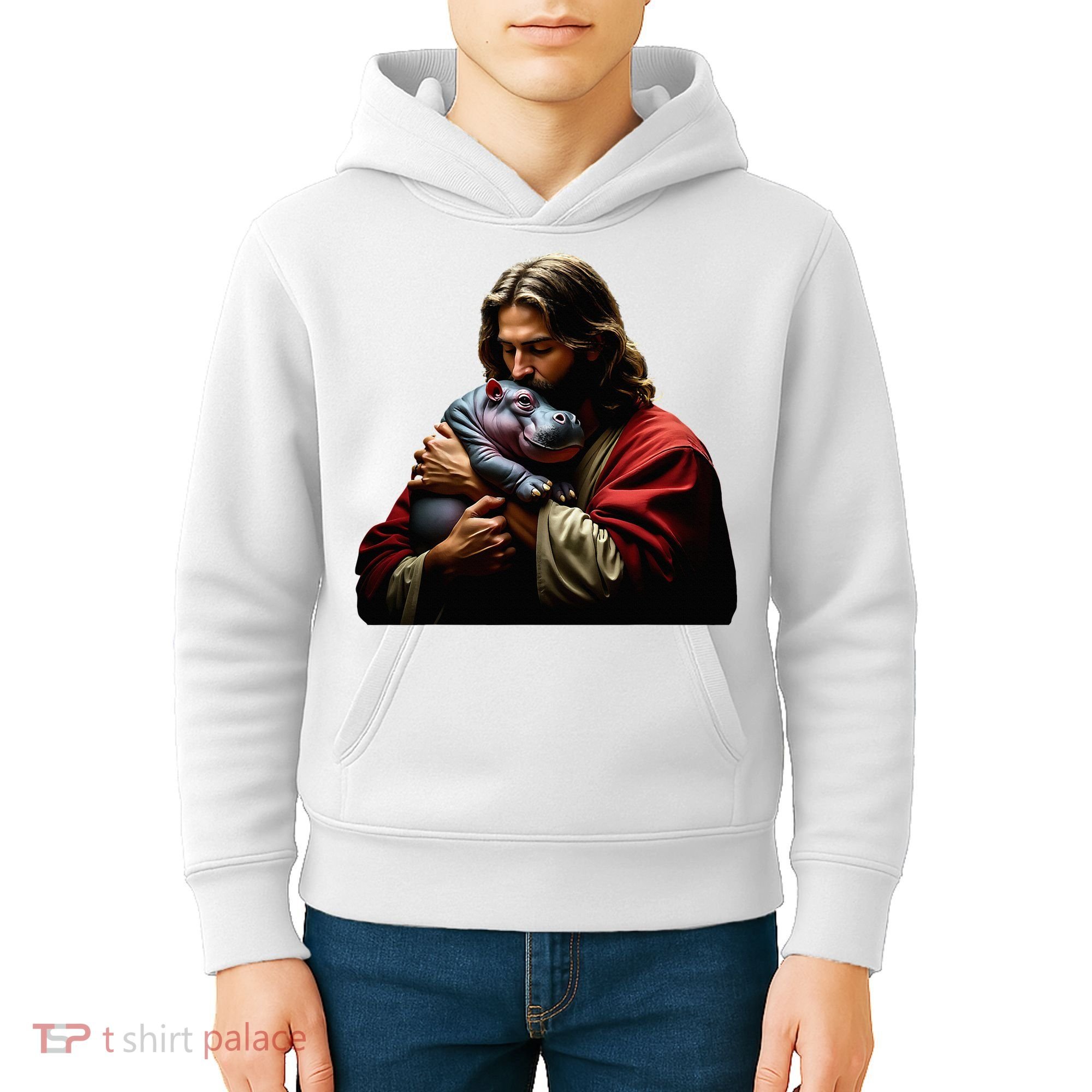 Moo Deng Jesus Christ Baby Hippo Animal Kids Hoodie