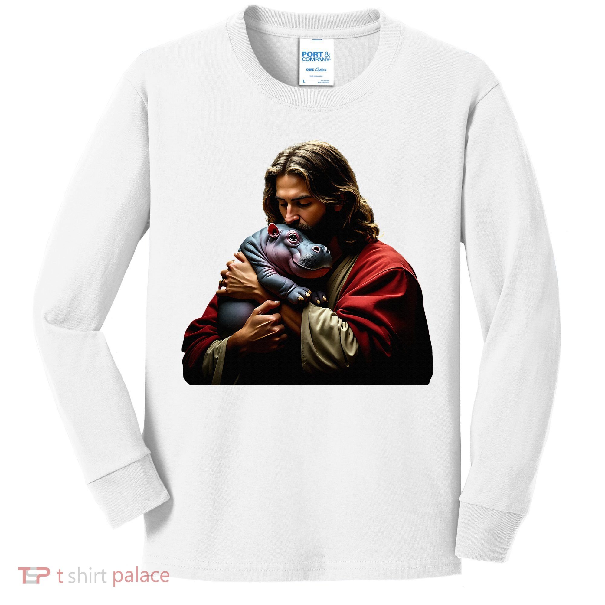 Moo Deng Jesus Christ Baby Hippo Animal Kids Long Sleeve Shirt