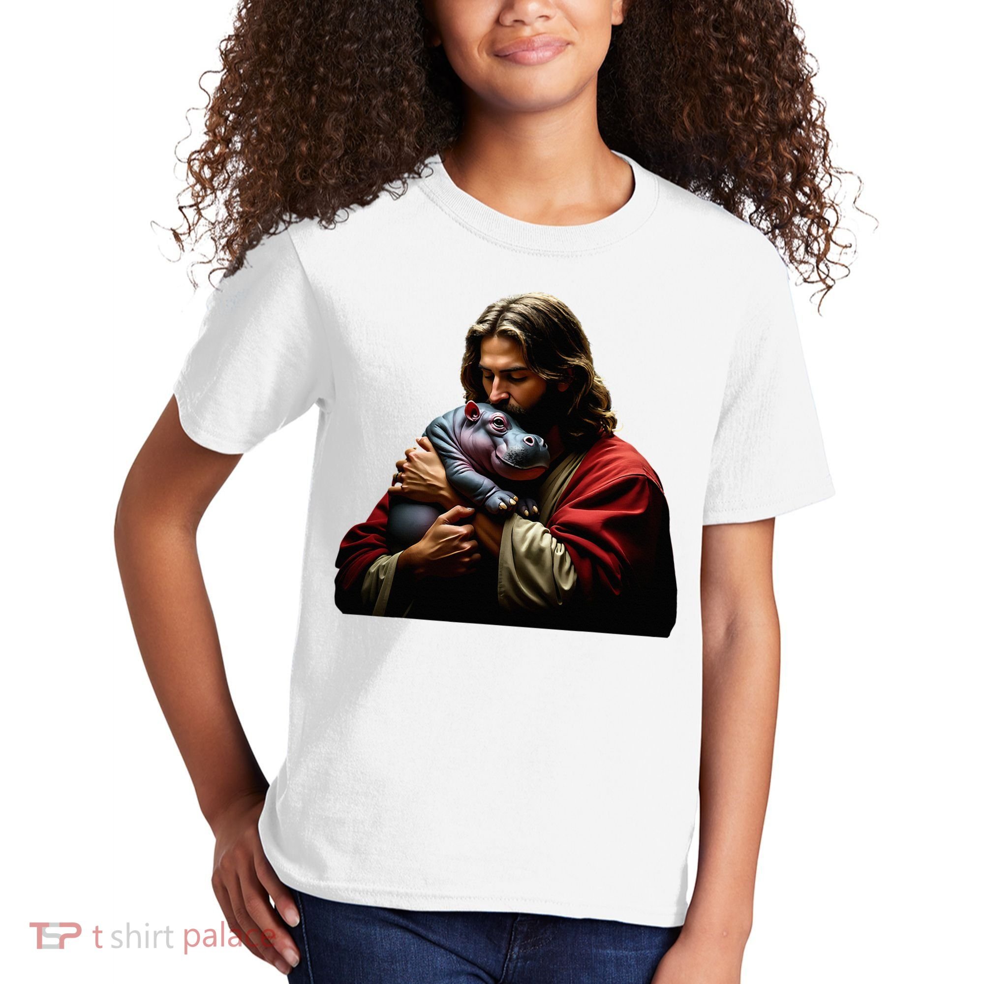 Moo Deng Jesus Christ Baby Hippo Animal Kids T-Shirt