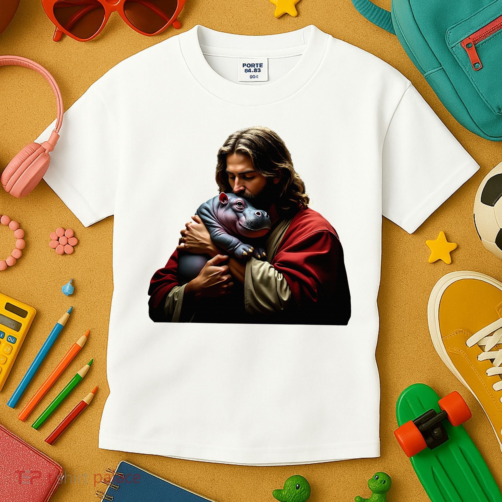 Moo Deng Jesus Christ Baby Hippo Animal Kids T-Shirt