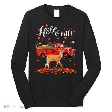 Maple Deer Leaf Fall Autumn Red Truck Gift Long Sleeve Shirt