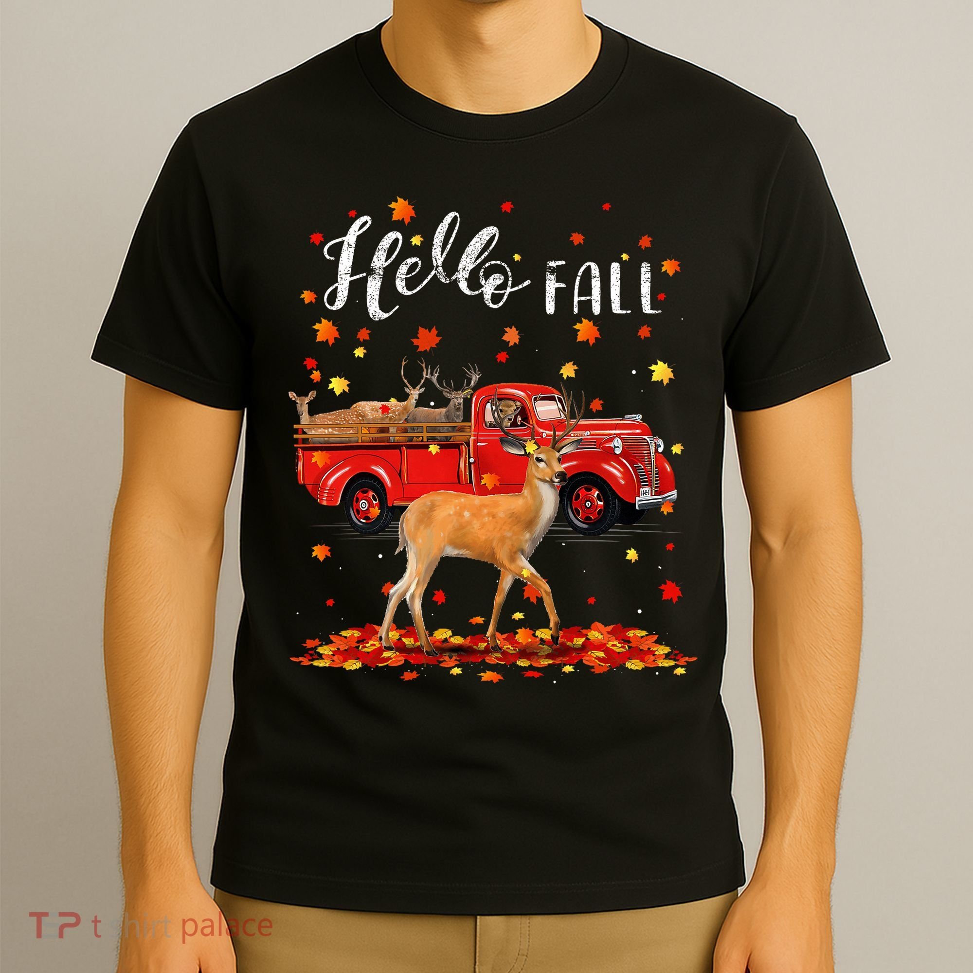 Maple Deer Leaf Fall Autumn Red Truck Gift T-Shirt