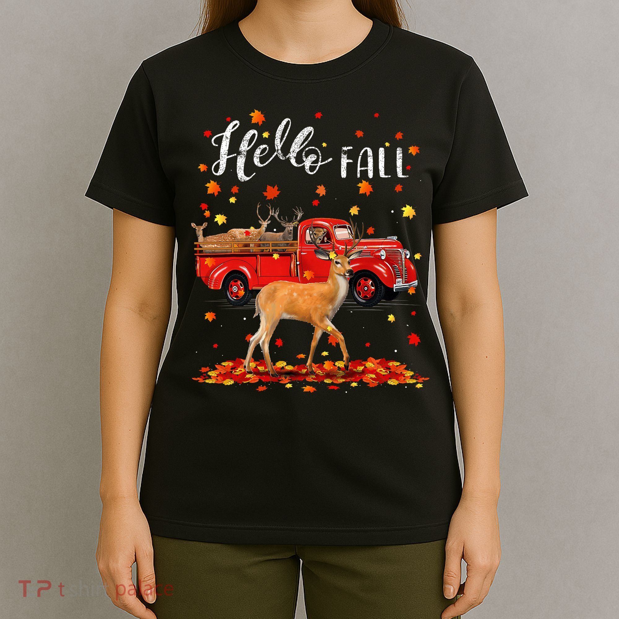 Maple Deer Leaf Fall Autumn Red Truck Gift T-Shirt