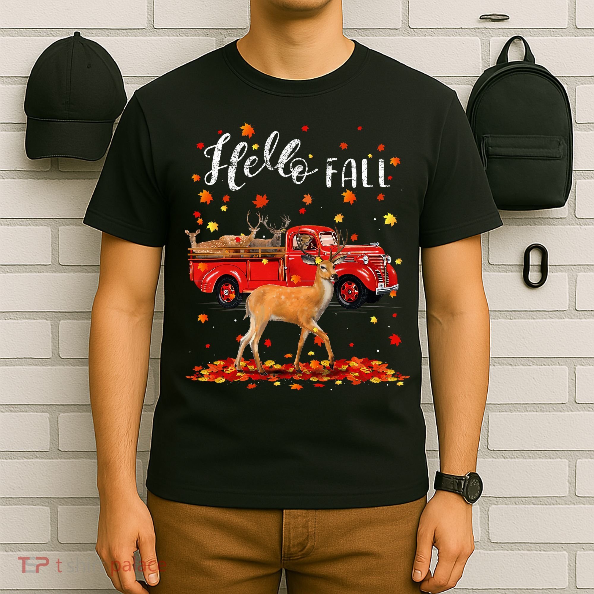 Maple Deer Leaf Fall Autumn Red Truck Gift T-Shirt