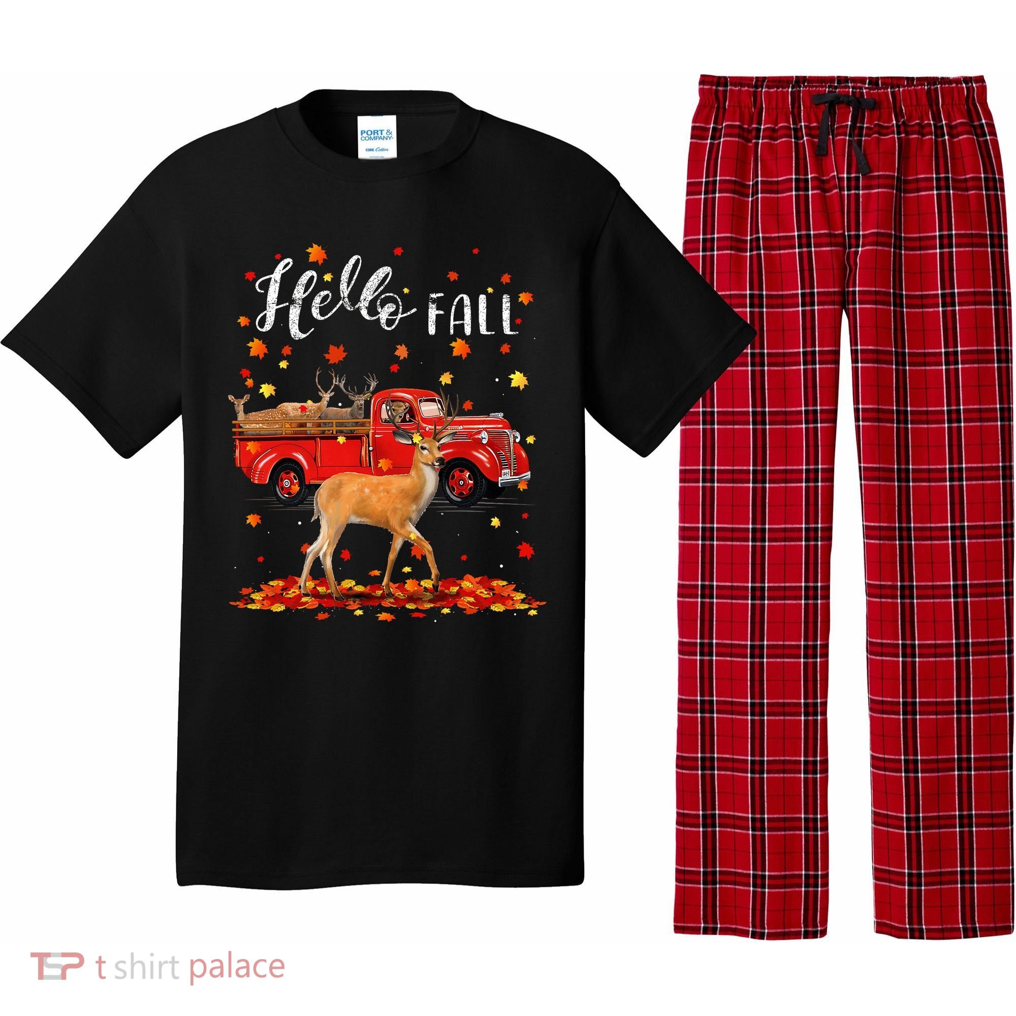 Maple Deer Leaf Fall Autumn Red Truck Gift Pajama Set