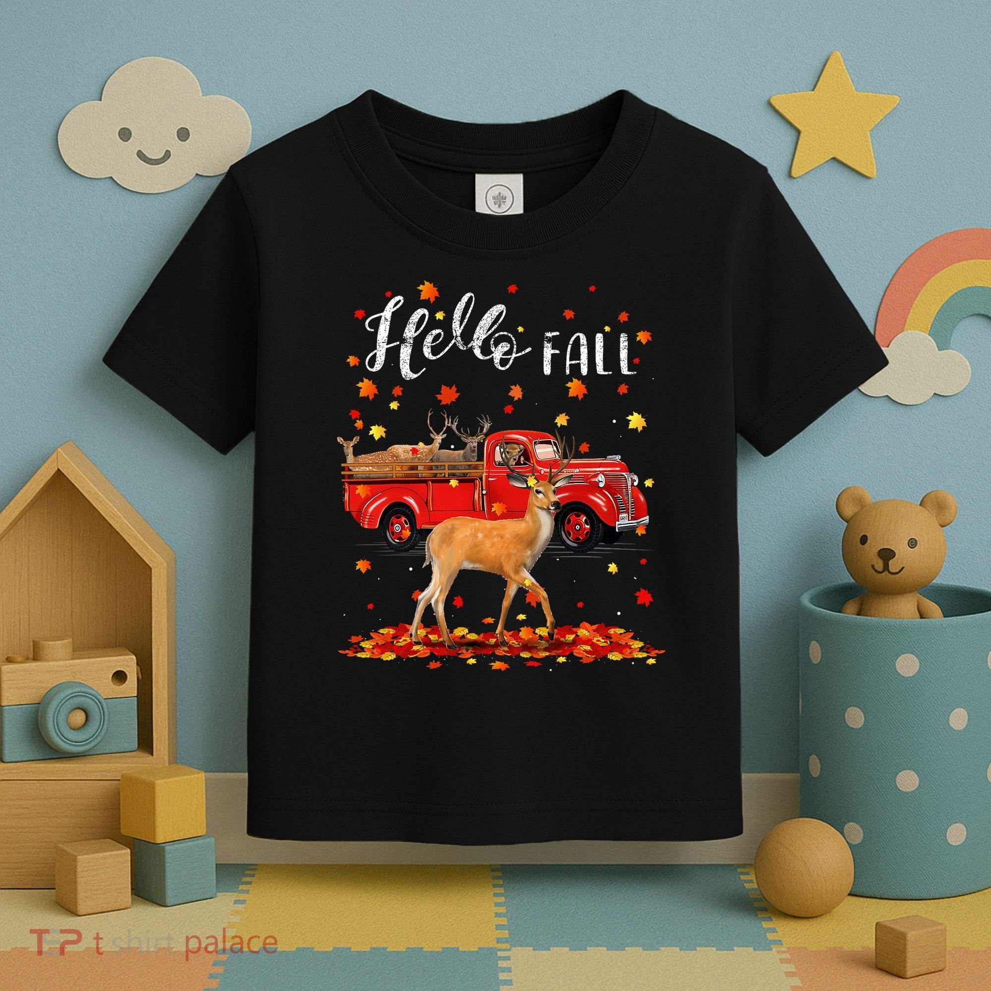 Maple Deer Leaf Fall Autumn Red Truck Gift Toddler T-Shirt