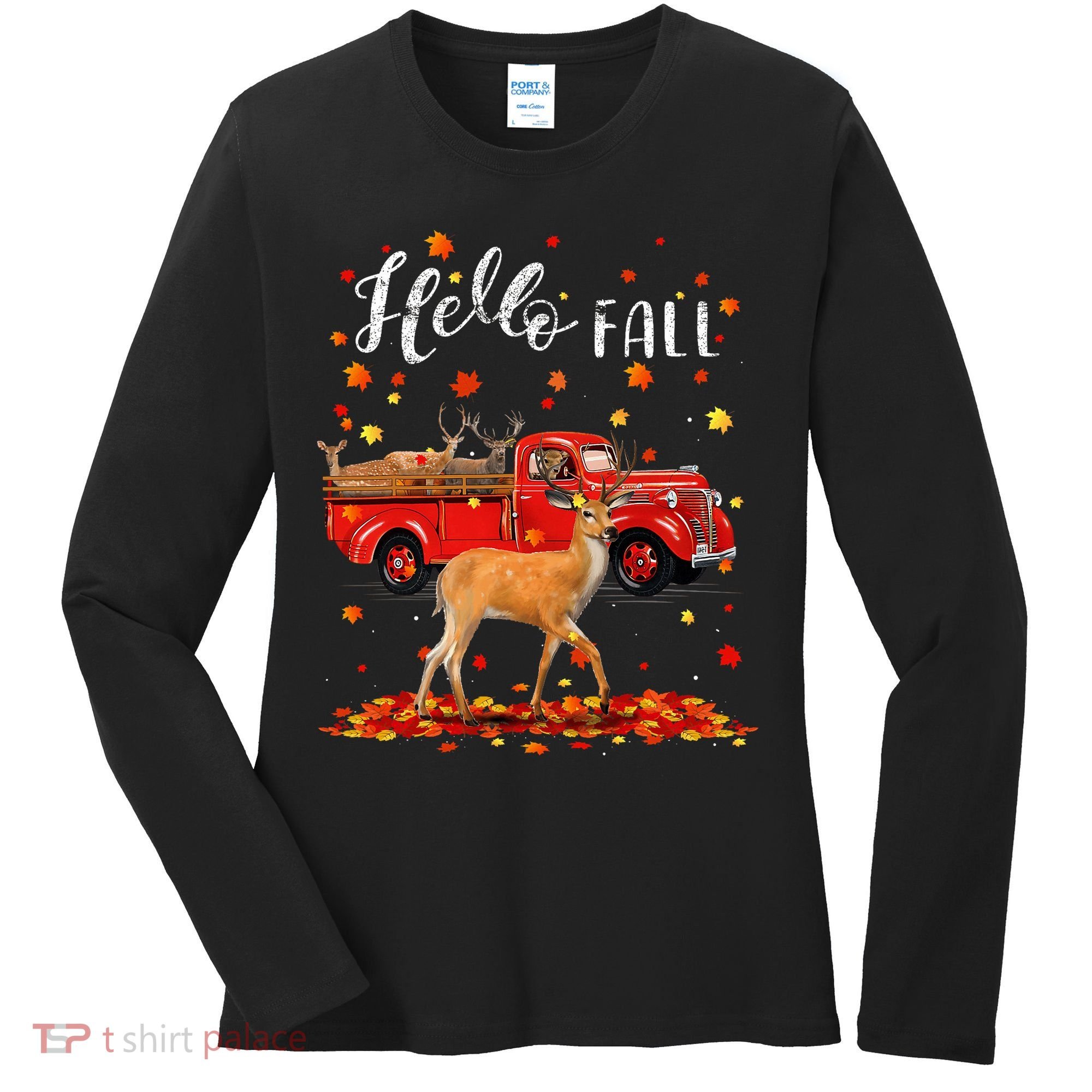 Maple Deer Leaf Fall Autumn Red Truck Gift Women's Long Sleeve Shirt