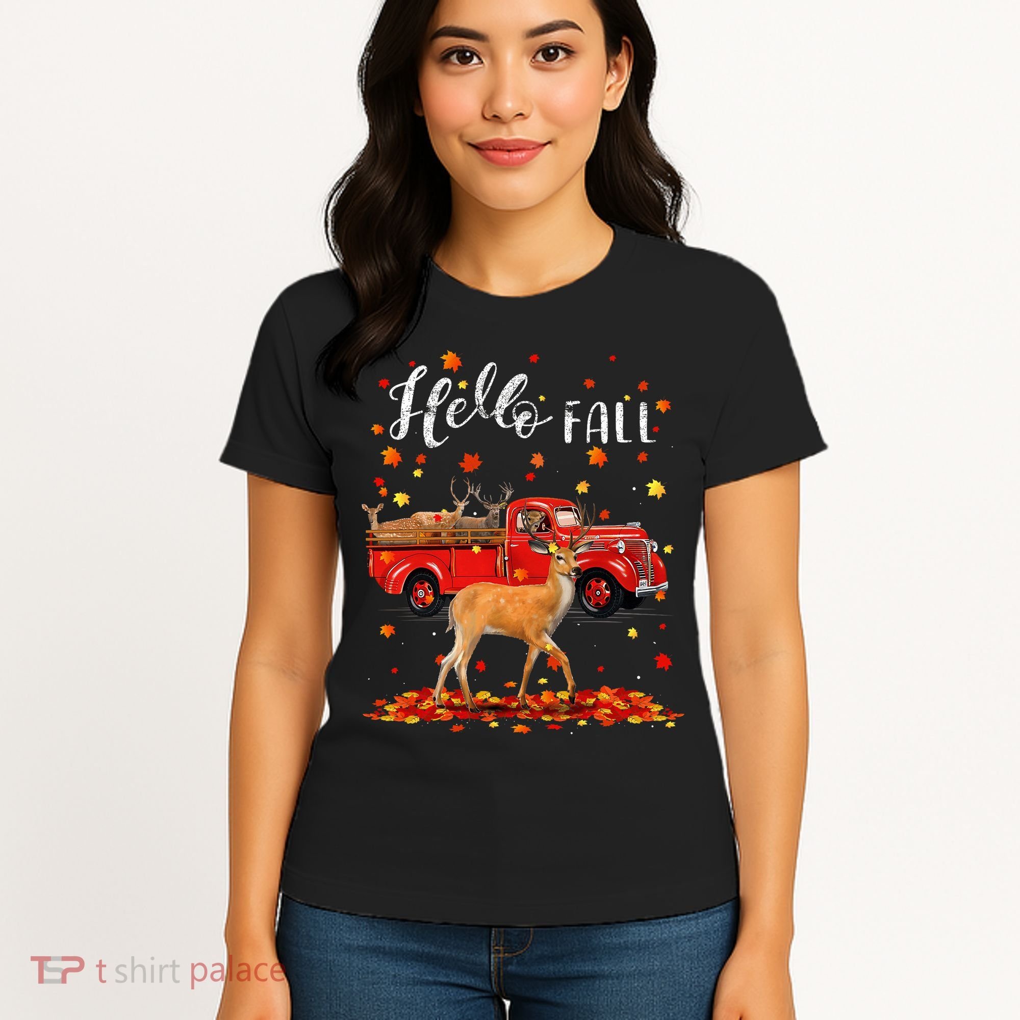 Maple Deer Leaf Fall Autumn Red Truck Gift Women's T-Shirt